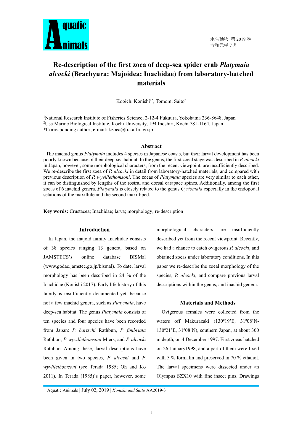 Re-Description of the First Zoea of Deep-Sea Spider Crab Platymaia Alcocki (Brachyura: Majoidea: Inachidae) from Laboratory-Hatched Materials