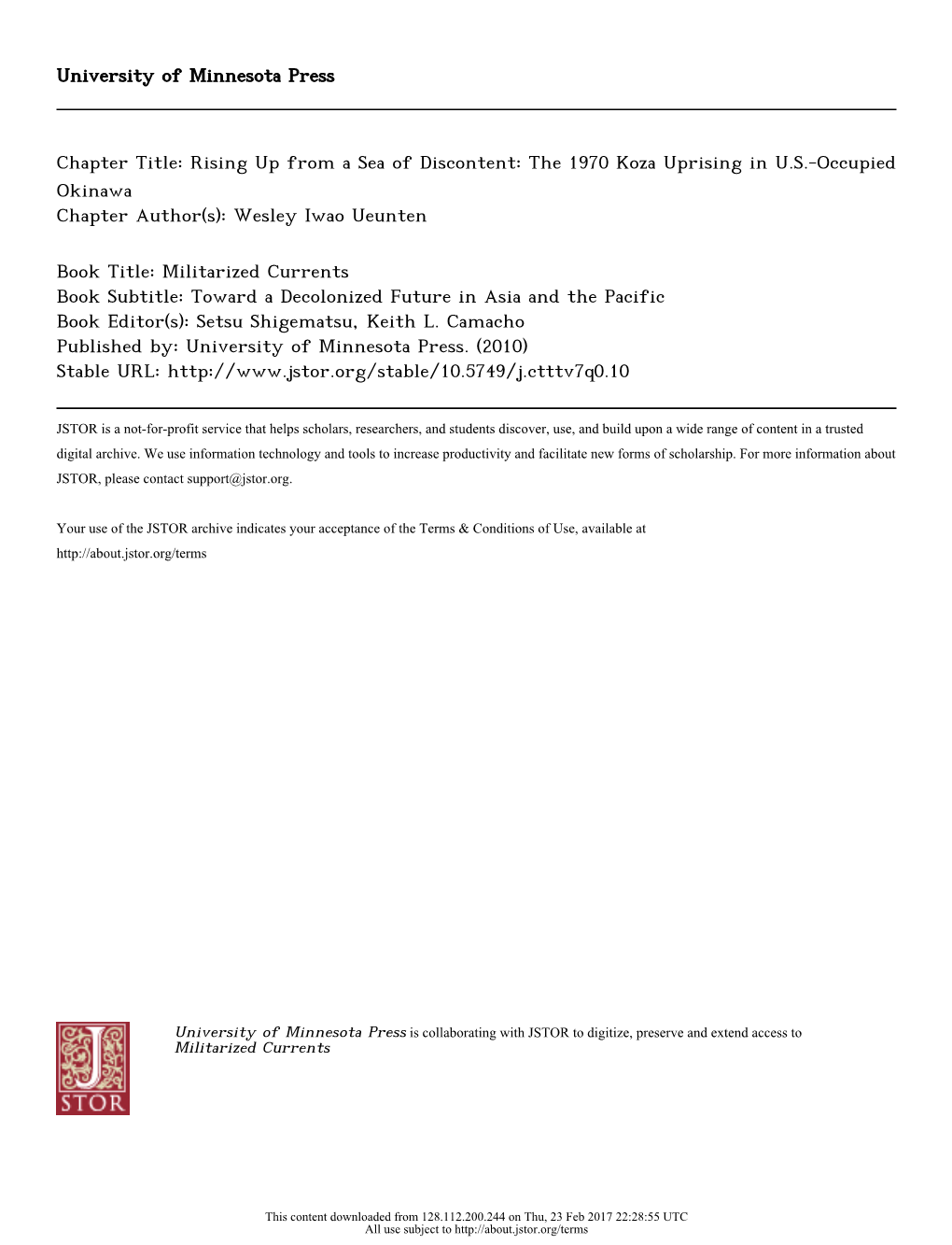 University of Minnesota Press Chapter Title: Rising up from a Sea of Discontent: the 1970 Koza Uprising in U.S.-Occupied Okinawa