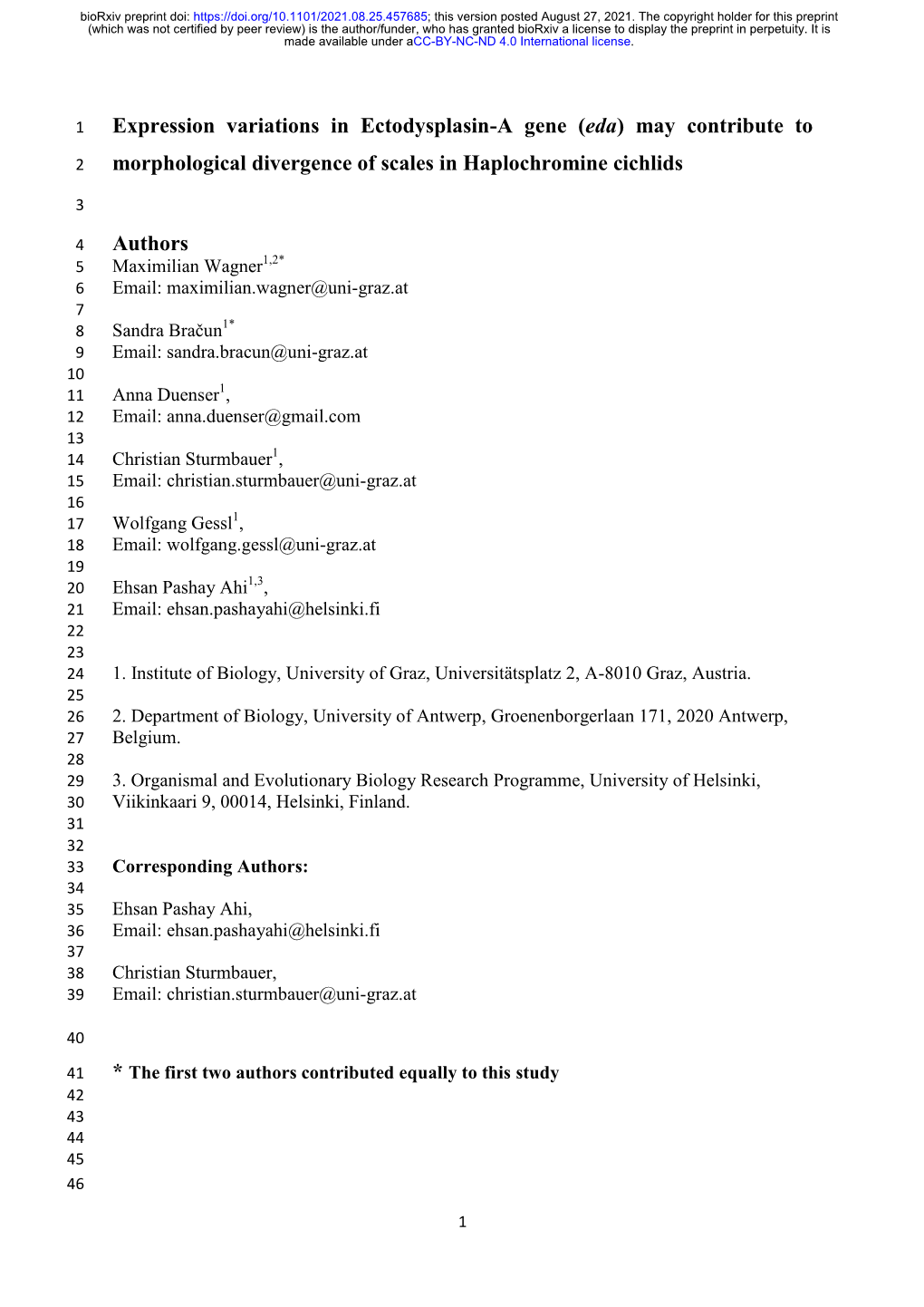 Expression Variations in Ectodysplasin-A Gene (Eda) May Contribute To