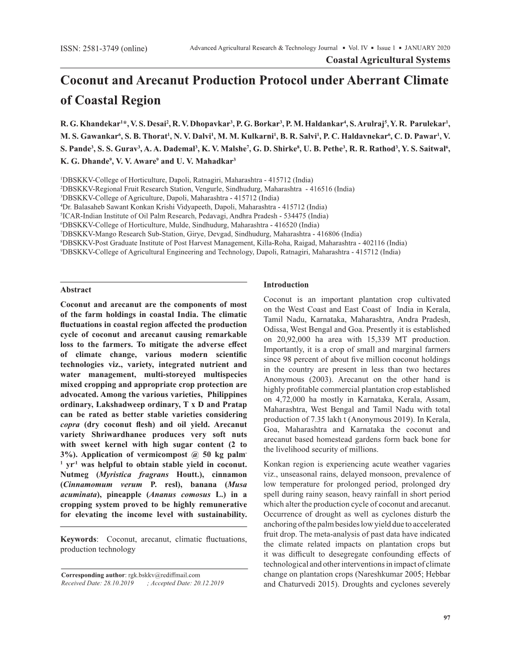 Coconut and Arecanut Production Protocol Under Aberrant Climate of Coastal Region