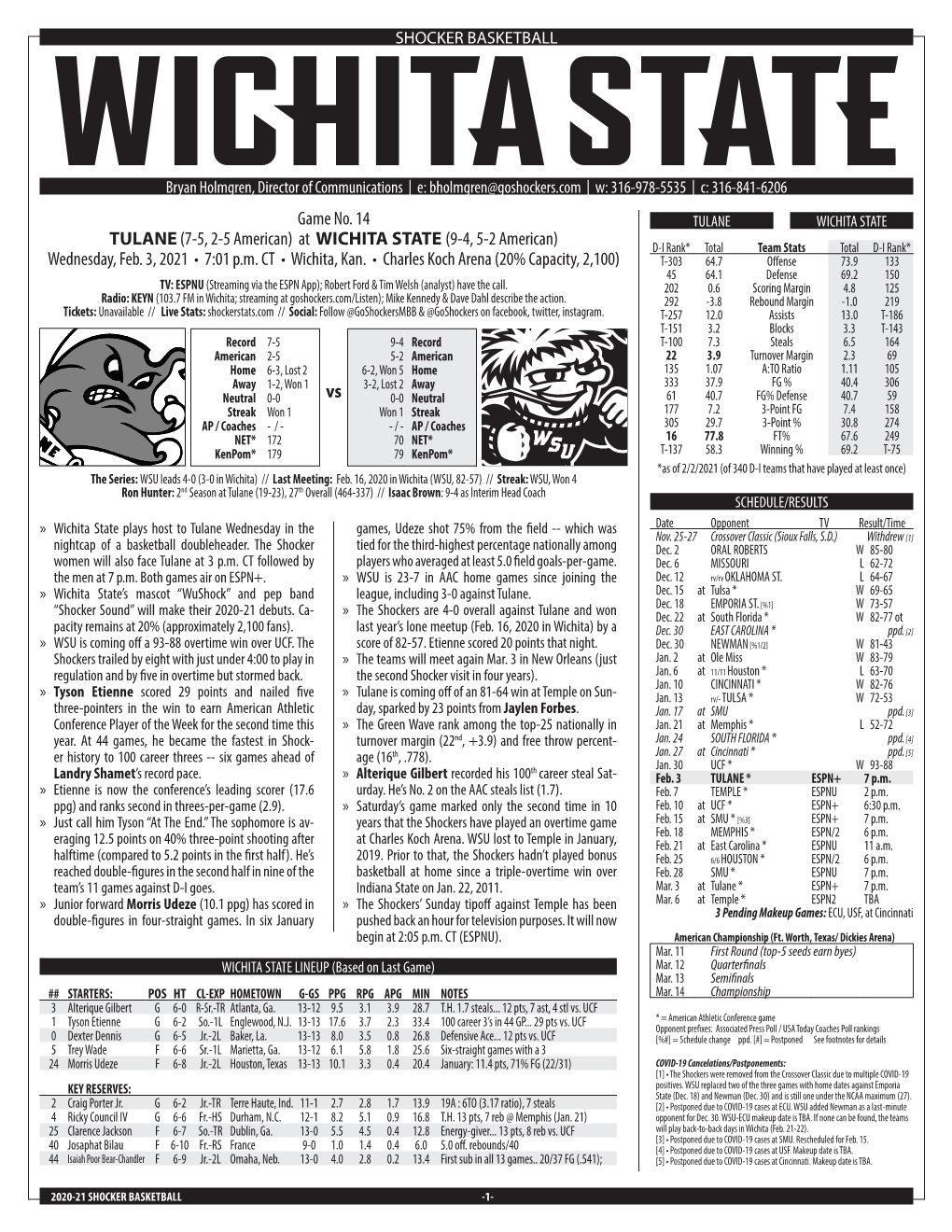 At WICHITA STATE (9-4, 5-2 American) D-I Rank* Total Team Stats Total D-I Rank* Wednesday, Feb