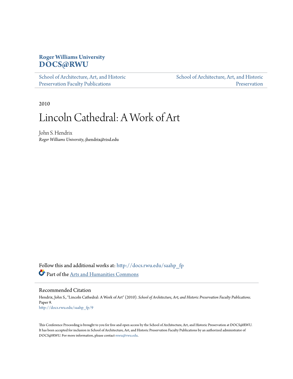 Lincoln Cathedral: a Work of Art John S