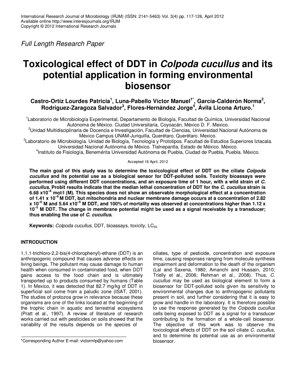 Toxicological Effect of DDT in Colpoda Cucullus and Its Potential Application in Forming Environmental Biosensor