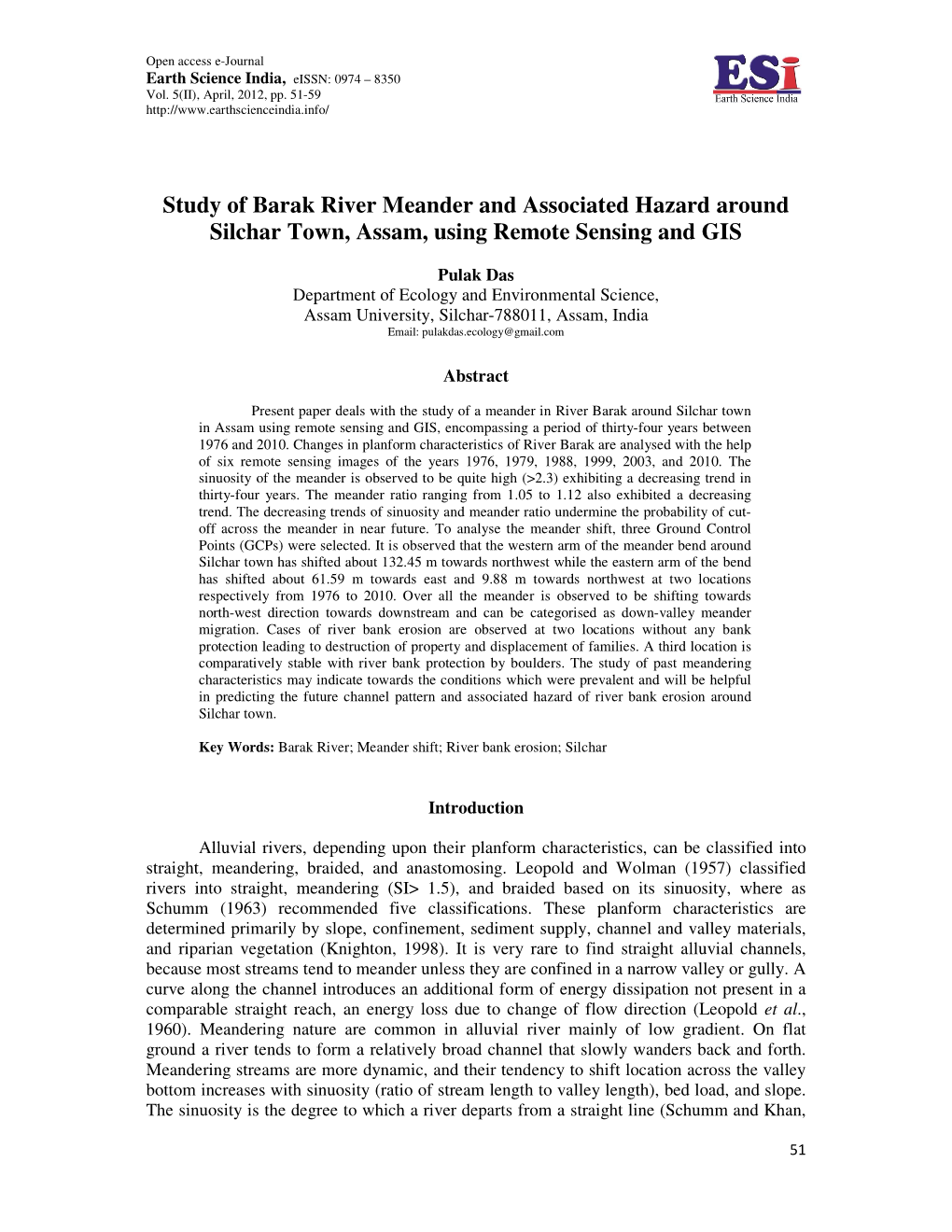 Study of Barak River Meander and Associated Hazard Around Silchar Town, Assam, Using Remote Sensing and GIS