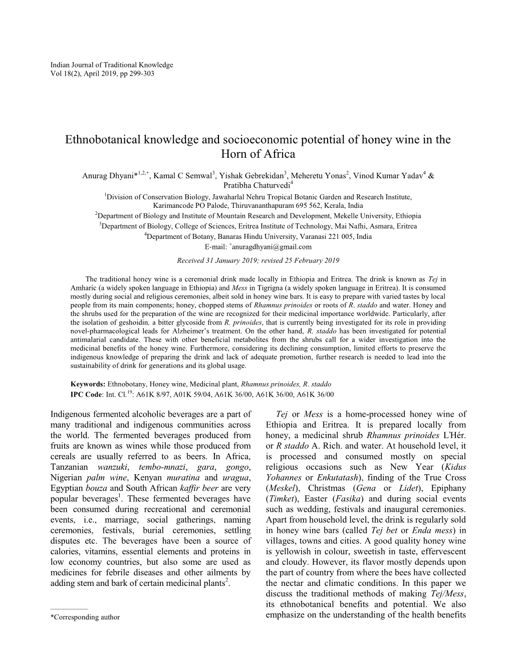 Ethnobotanical Knowledge and Socioeconomic Potential of Honey Wine in the Horn of Africa