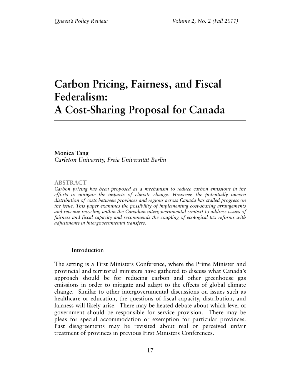Carbon Pricing, Fairness, and Fiscal Federalism: a Cost-Sharing Proposal for Canada