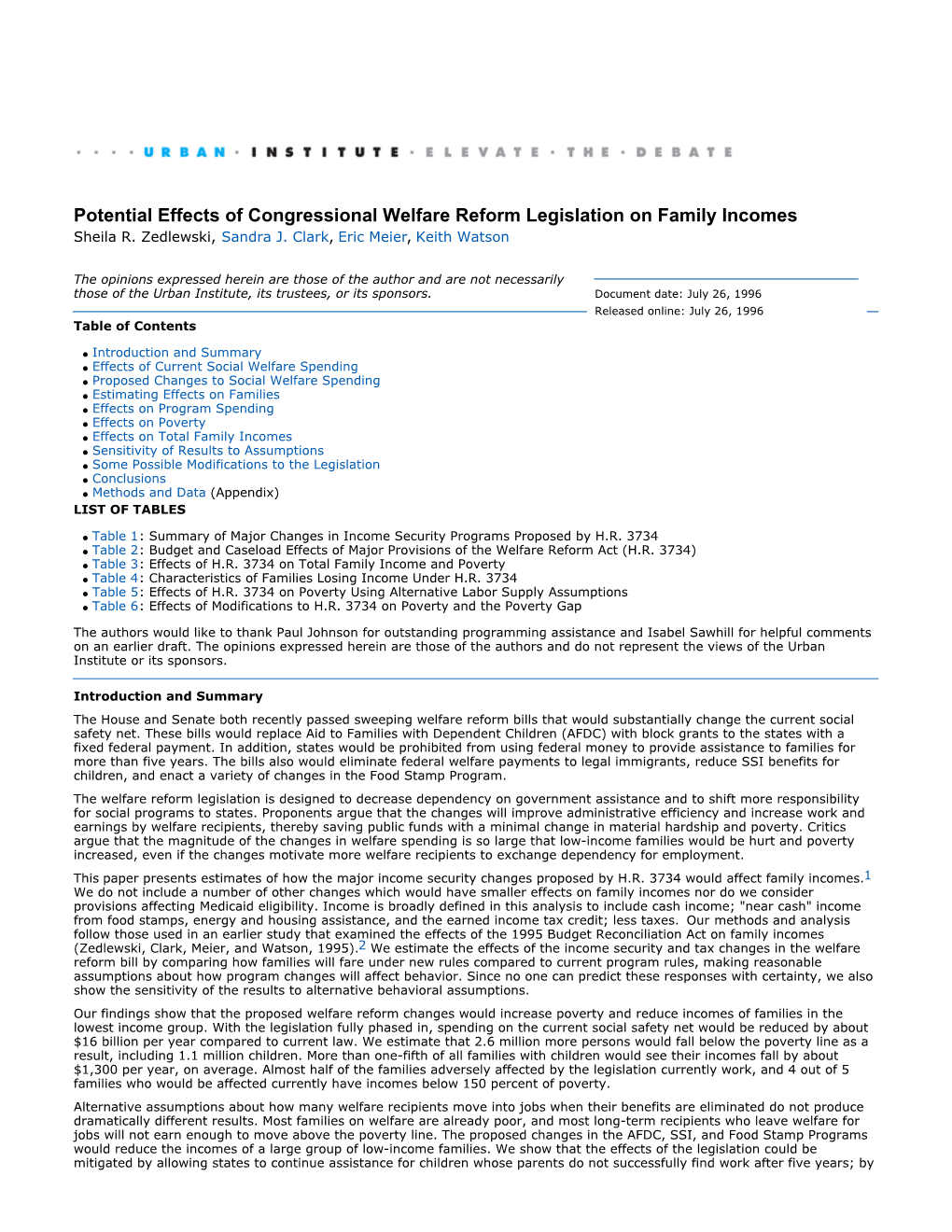 Potential Effects of Congressional Welfare Reform Legislation on Family Incomes Sheila R