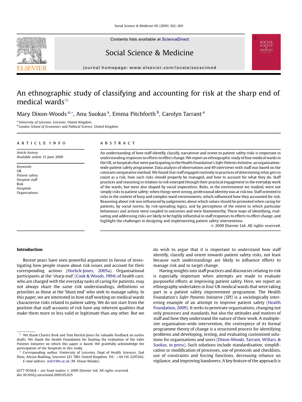 An Ethnographic Study of Classifying and Accounting for Risk at the Sharp End of Medical Wardsq