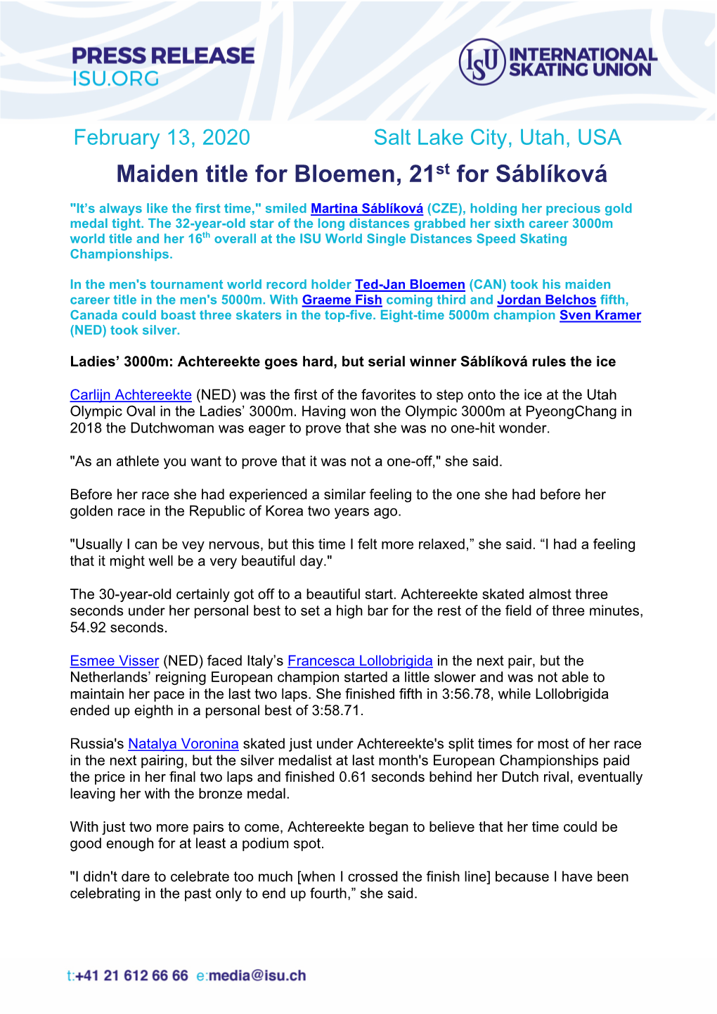 Maiden Title for Bloemen, 21St for Sáblíková