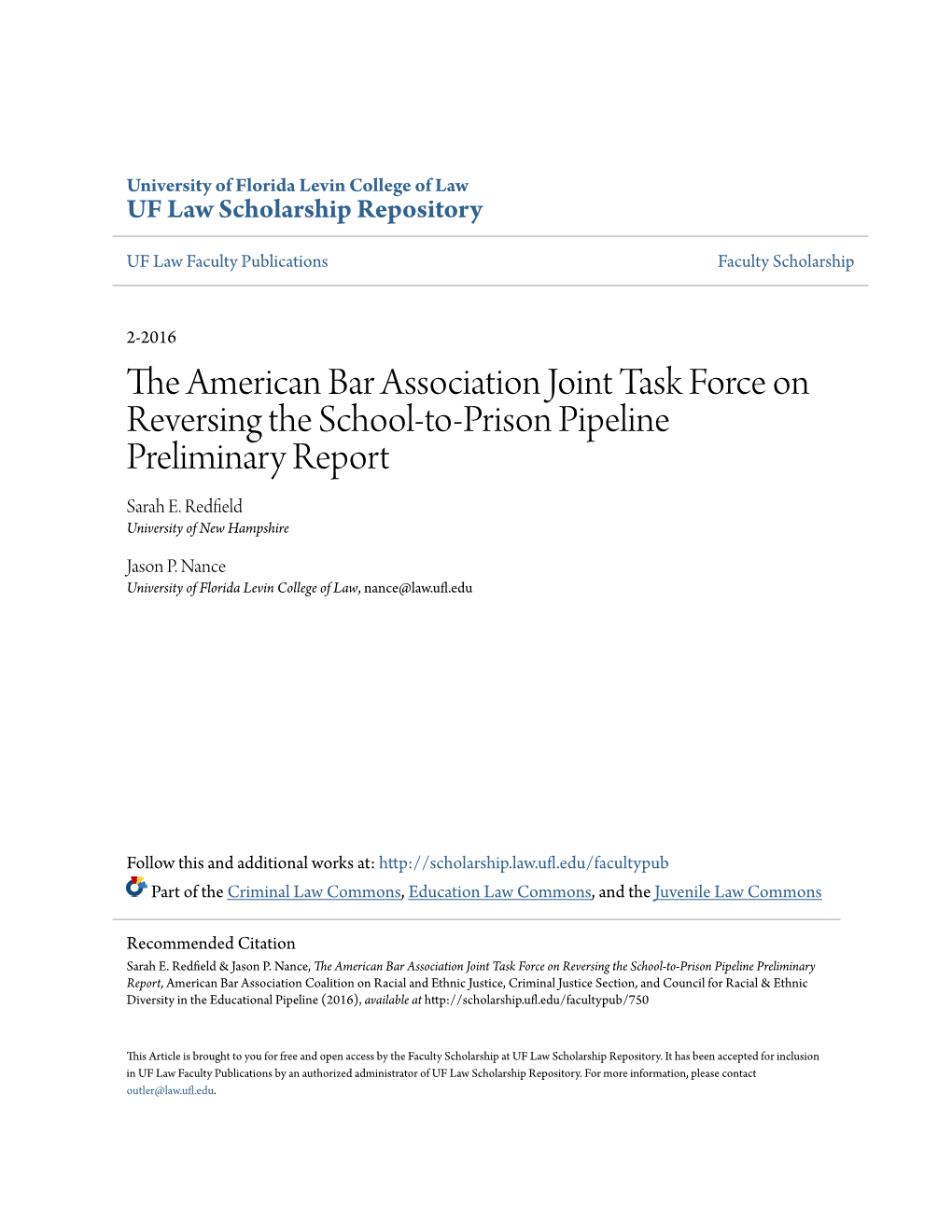 American Bar Association Joint Task Force on Reversing the School-To-Prison Pipeline Preliminary Report Sarah E