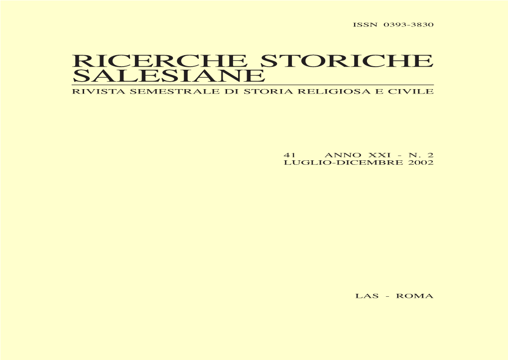 Ricerche Storiche Salesiane Rivista Semestrale Di Storia Religiosa E Civile