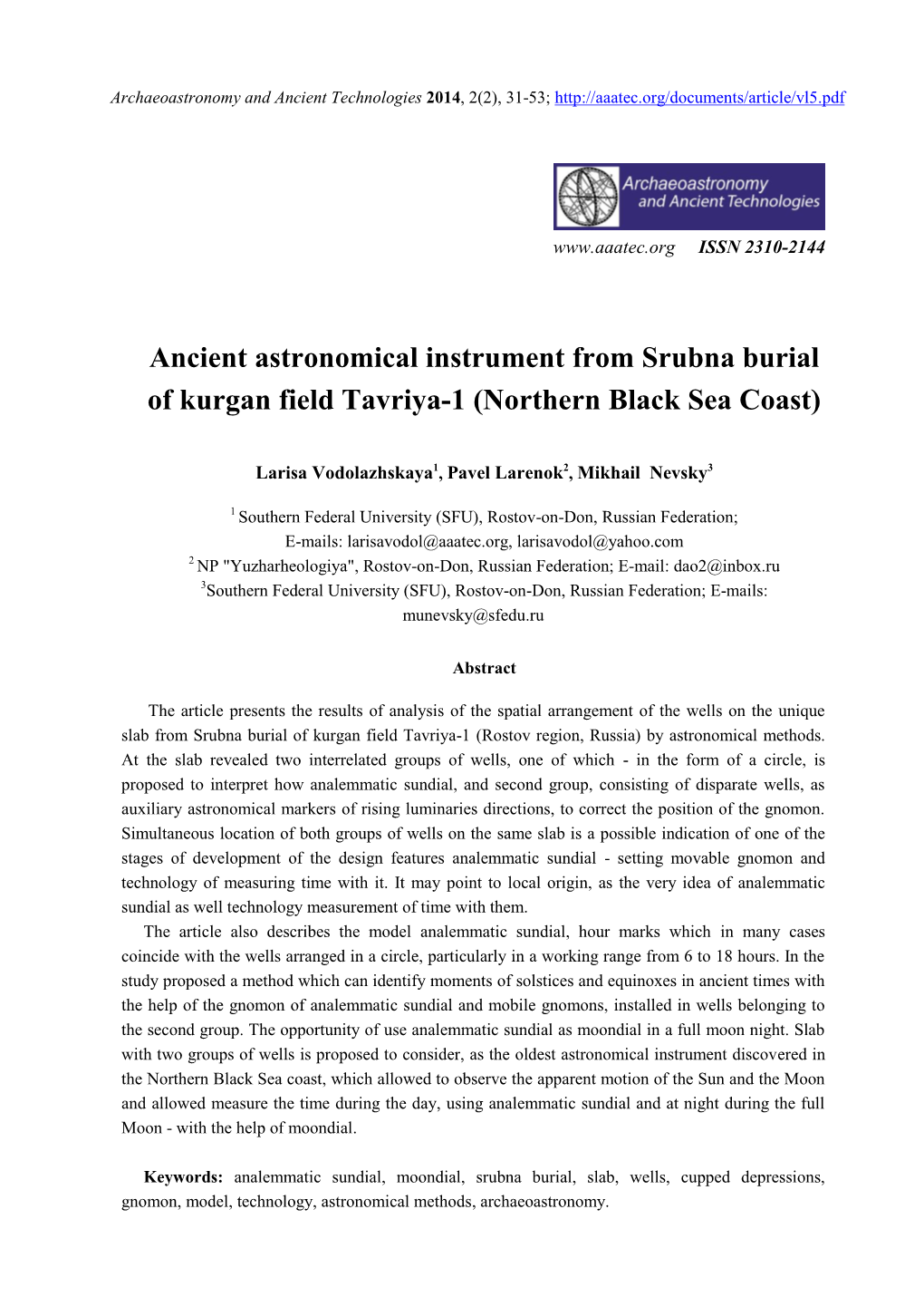 Ancient Astronomical Instrument from Srubna Burial of Kurgan Field Tavriya-1 (Northern Black Sea Coast)