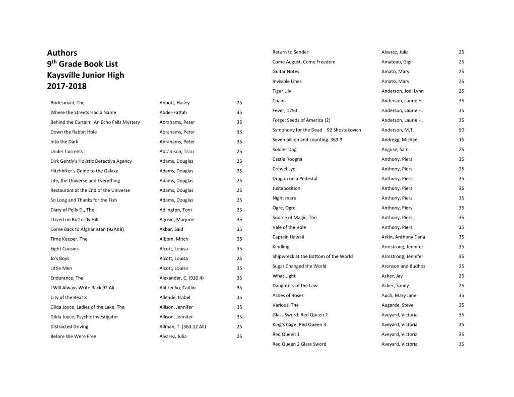 Authors 9Th Grade Book List Kaysville Junior High 2017-2018