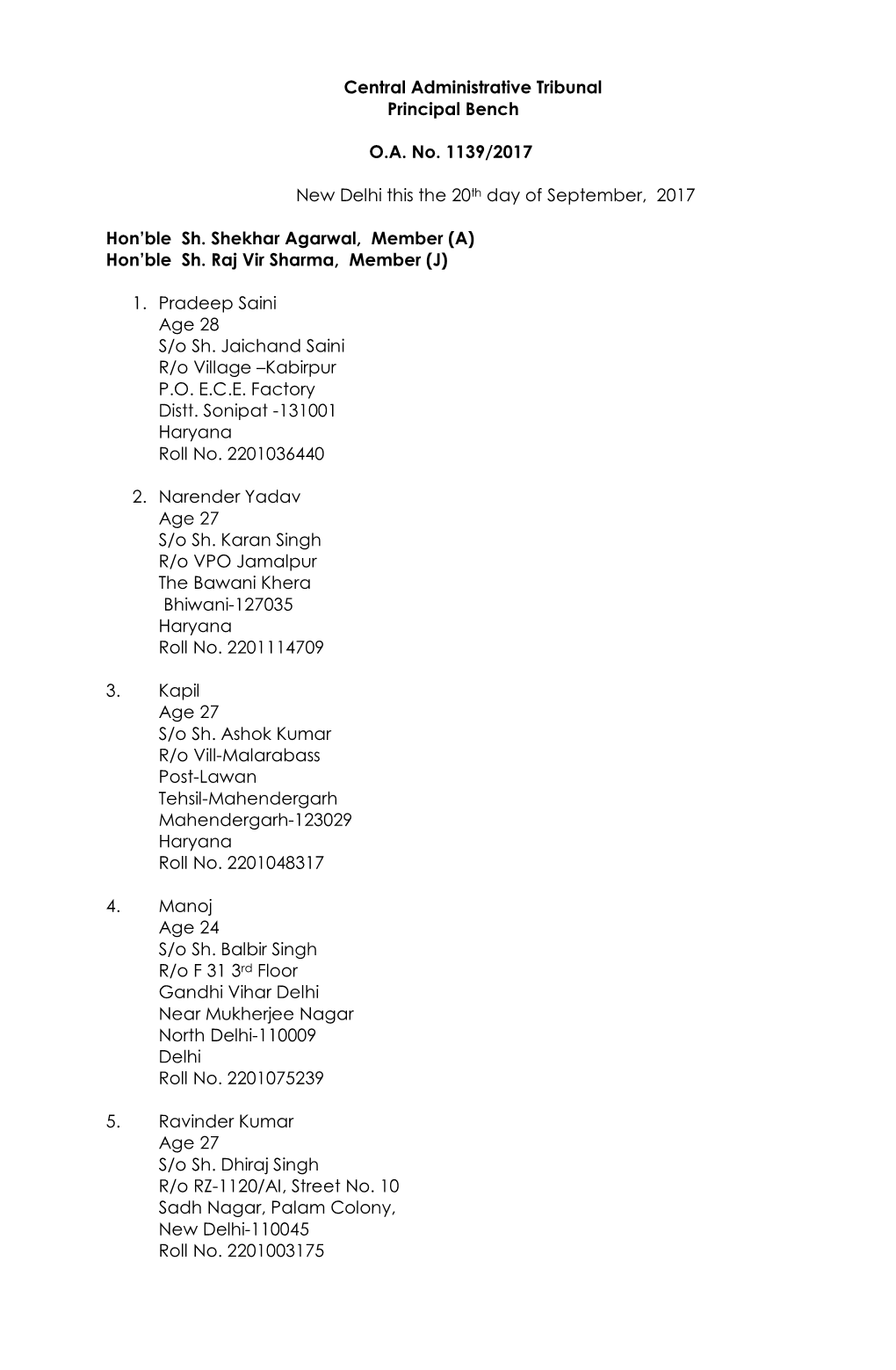 Central Administrative Tribunal Principal Bench O.A. No. 1139