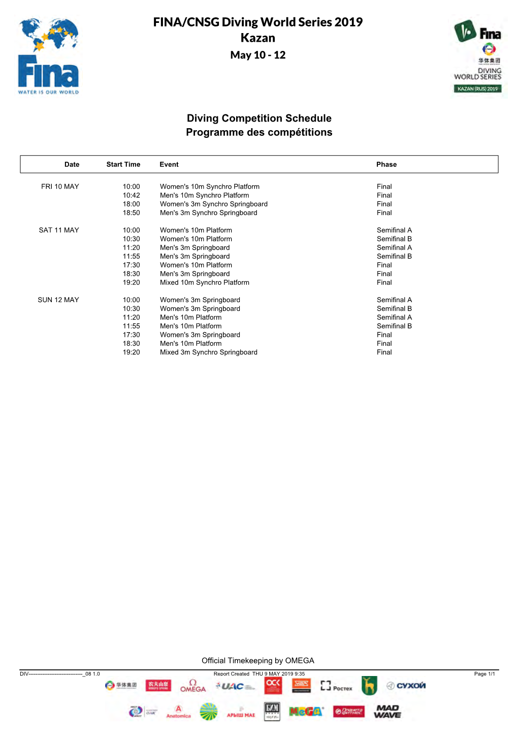 FINA/CNSG Diving World Series 2019 Kazan May 10 - 12