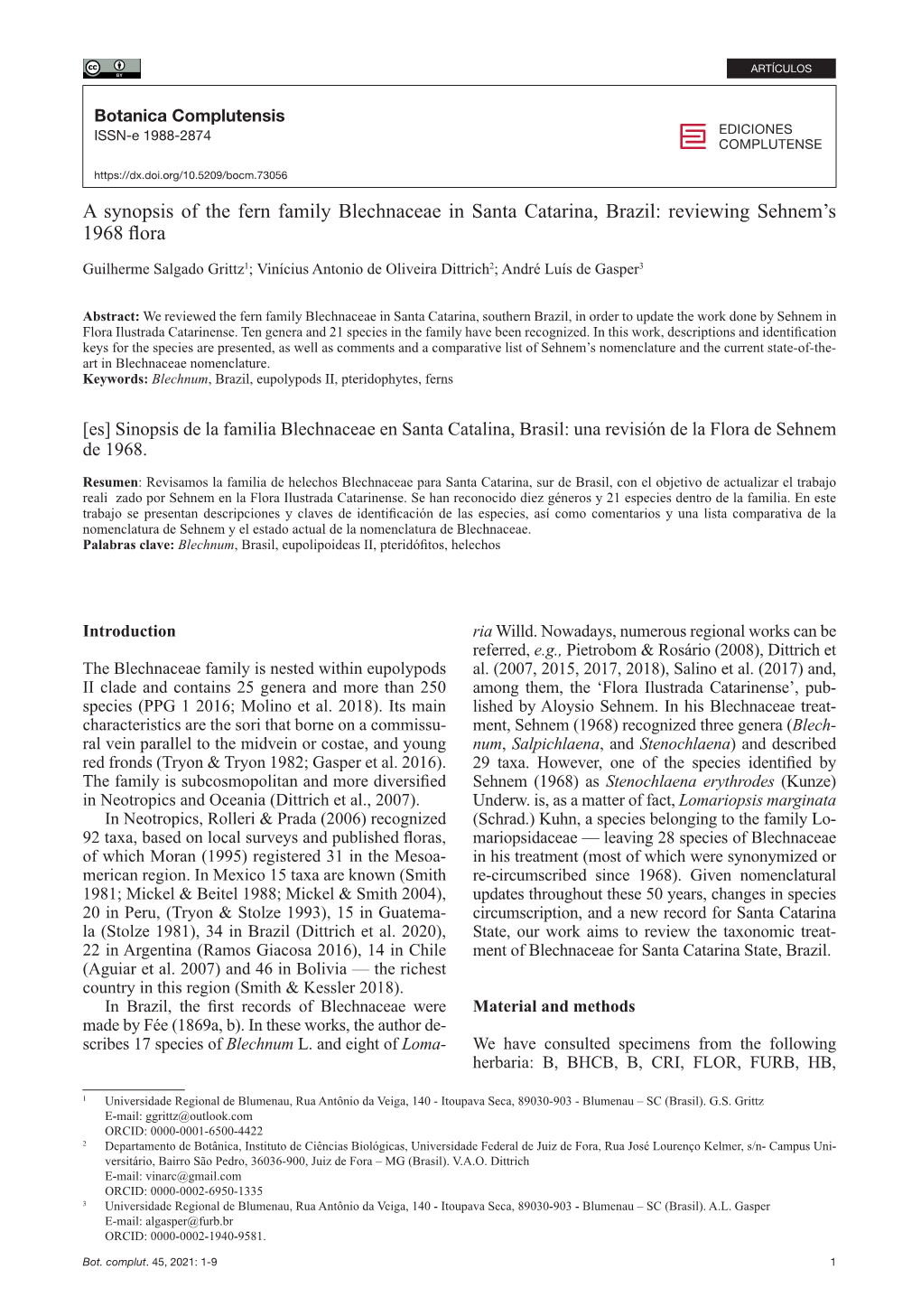 A Synopsis of the Fern Family Blechnaceae in Santa Catarina, Brazil: Reviewing Sehnem’S 1968 Flora