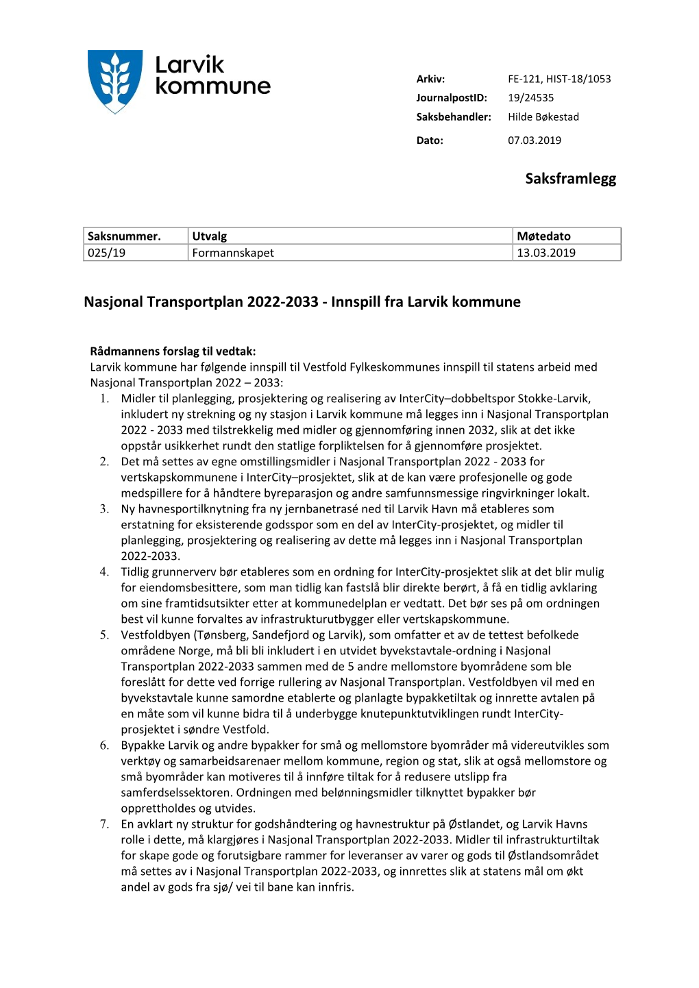Nasjonal Transportplan 2022-2033 - Innspill Fra Larvik Kommune