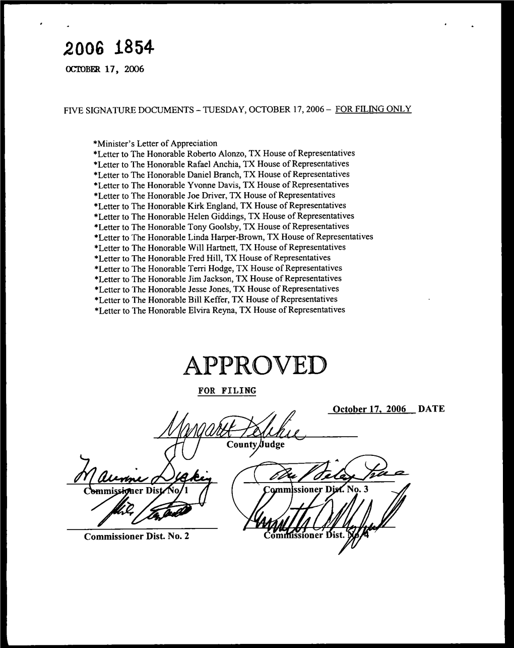 No. 2 OCTOBER 17, 2006 FIVE SIGNATURE DOCUMENTS