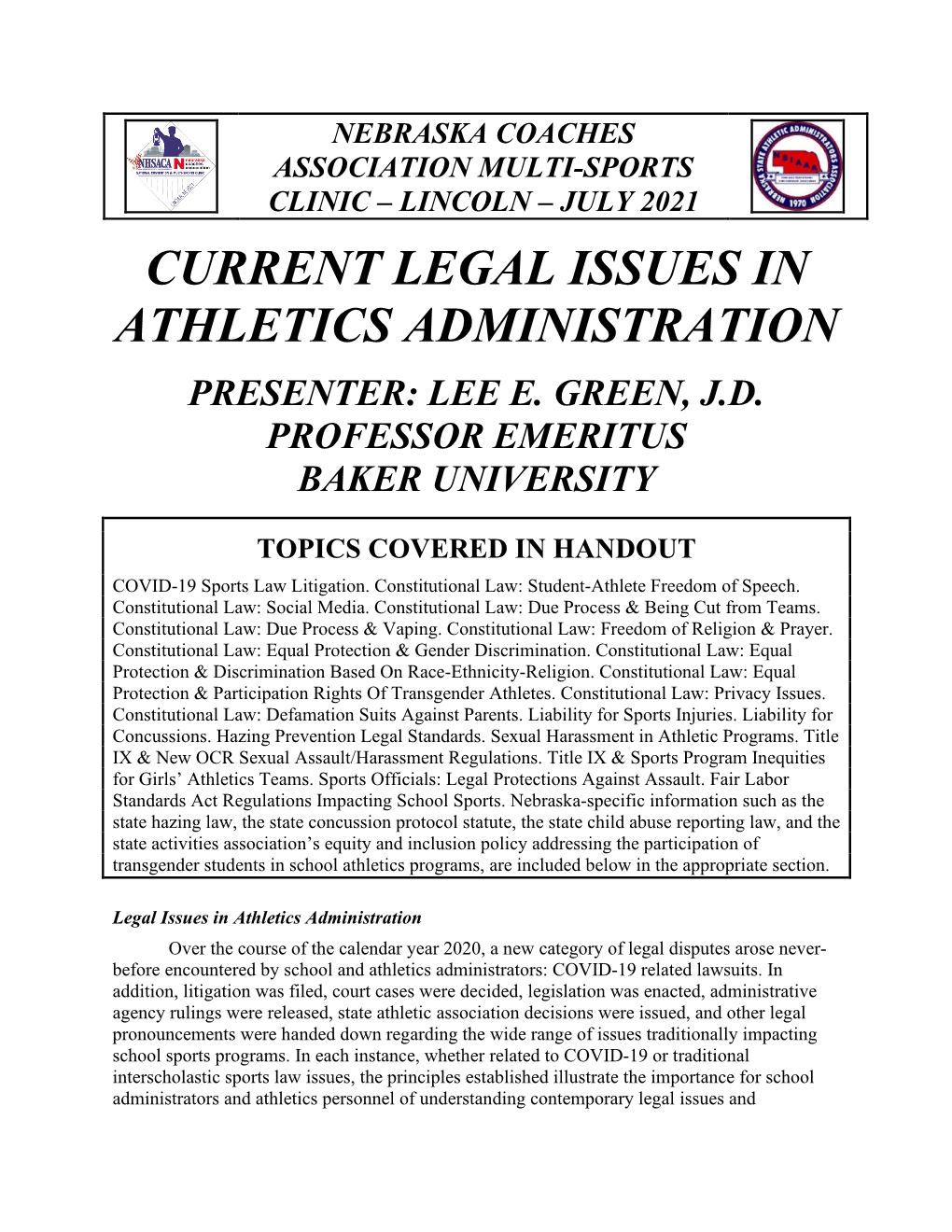 Current Legal Issues in Athletics Administration