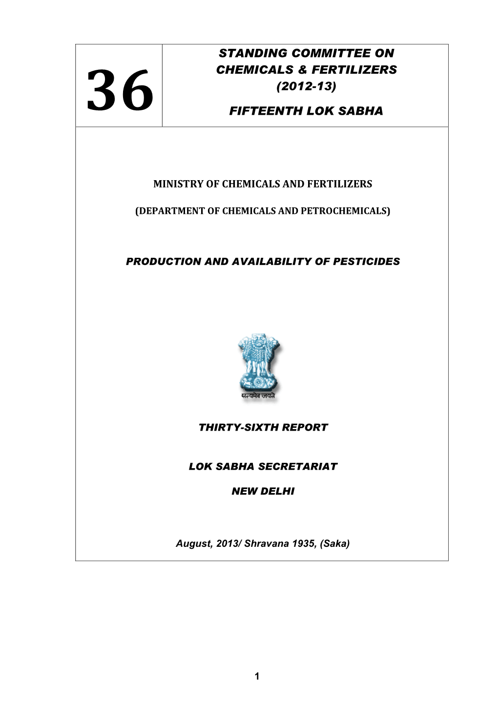 Standing Committee on Chemicals & Fertilizers (2012-13) Fifteenth Lok