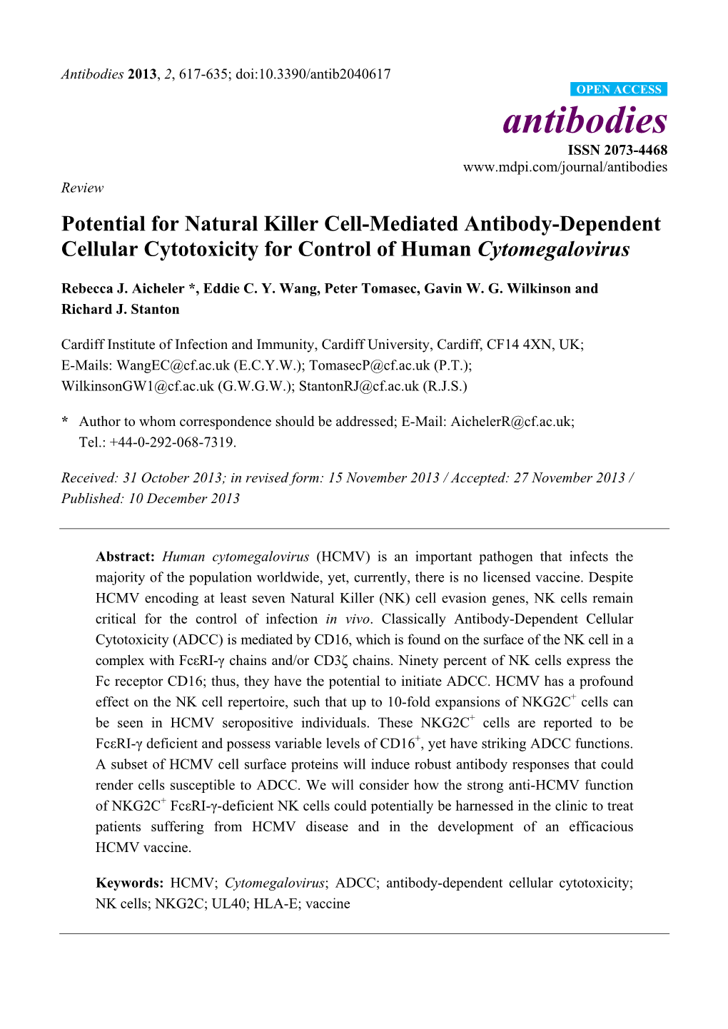 Potential for Natural Killer Cell-Mediated Antibody-Dependent Cellular Cytotoxicity for Control of Human Cytomegalovirus