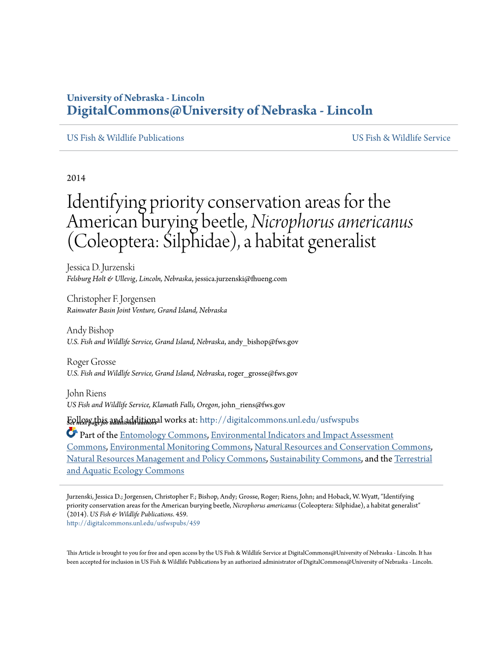 Identifying Priority Conservation Areas for the American Burying Beetle, &lt;I&gt;Nicrophorus Americanus&lt;/I&gt; (Coleoptera