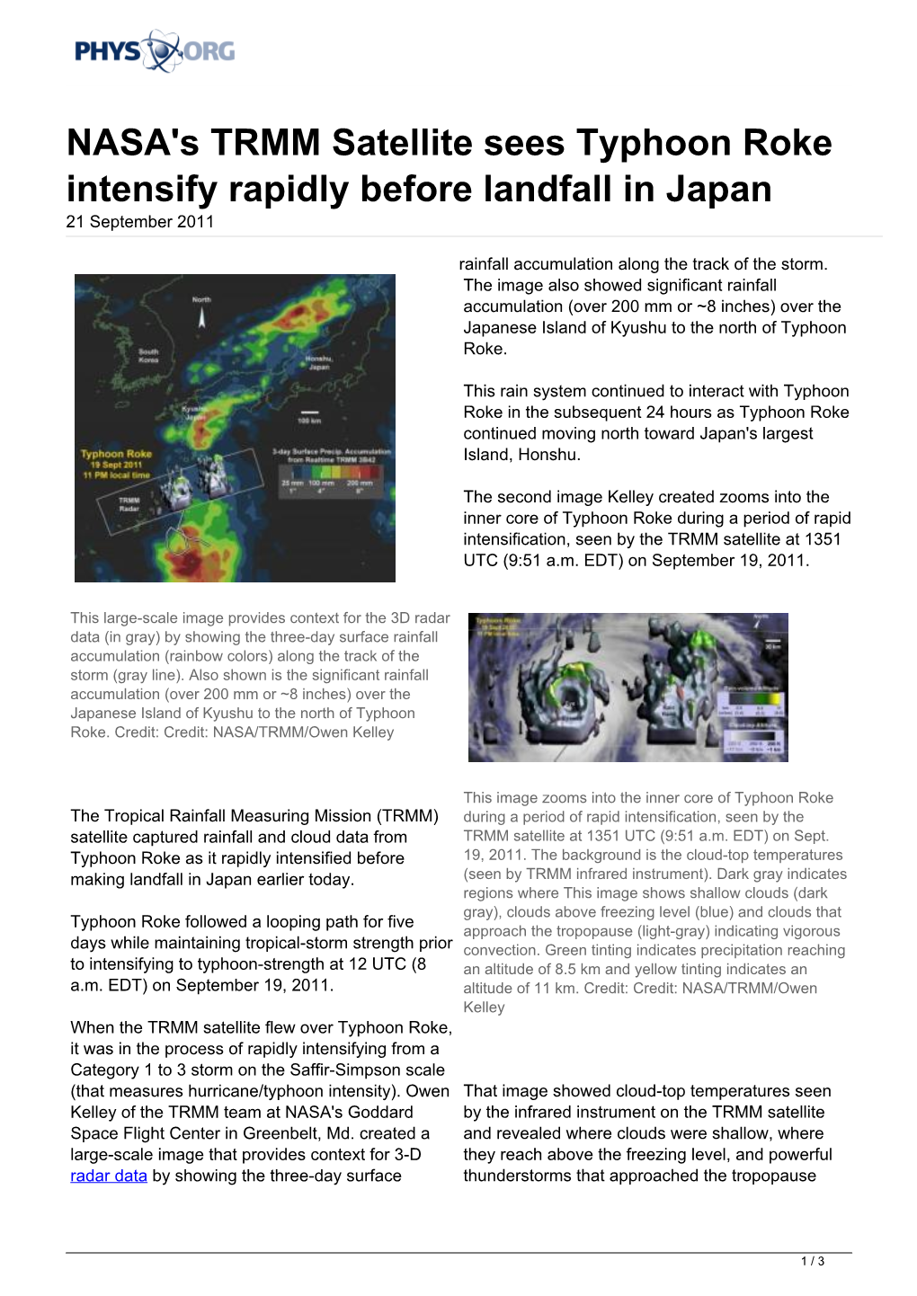 NASA's TRMM Satellite Sees Typhoon Roke Intensify Rapidly Before Landfall in Japan 21 September 2011
