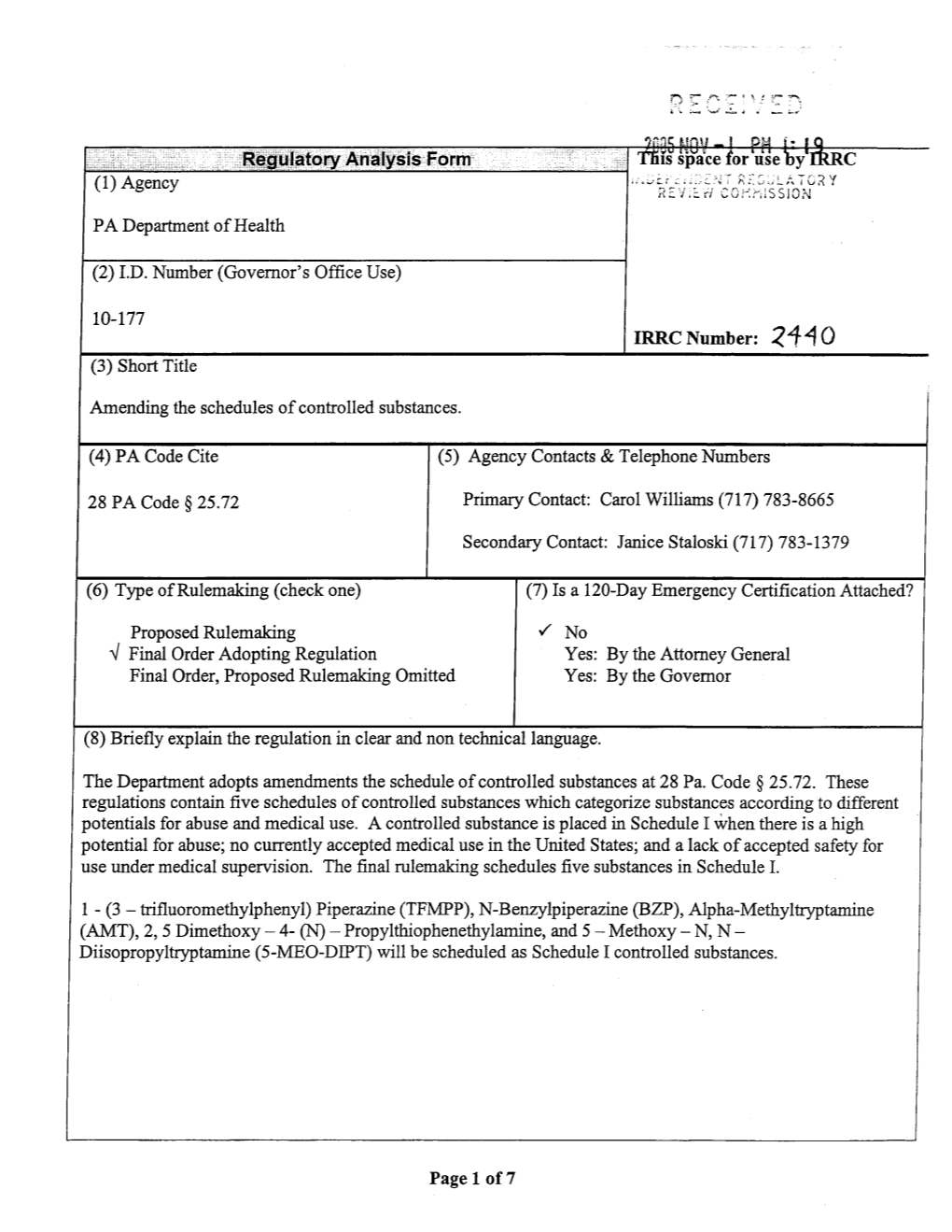 I PA Department of Health (2) I.D. Number (Governor's Office Use) (3) Short Title Amending the Schedules of Controlled Substance