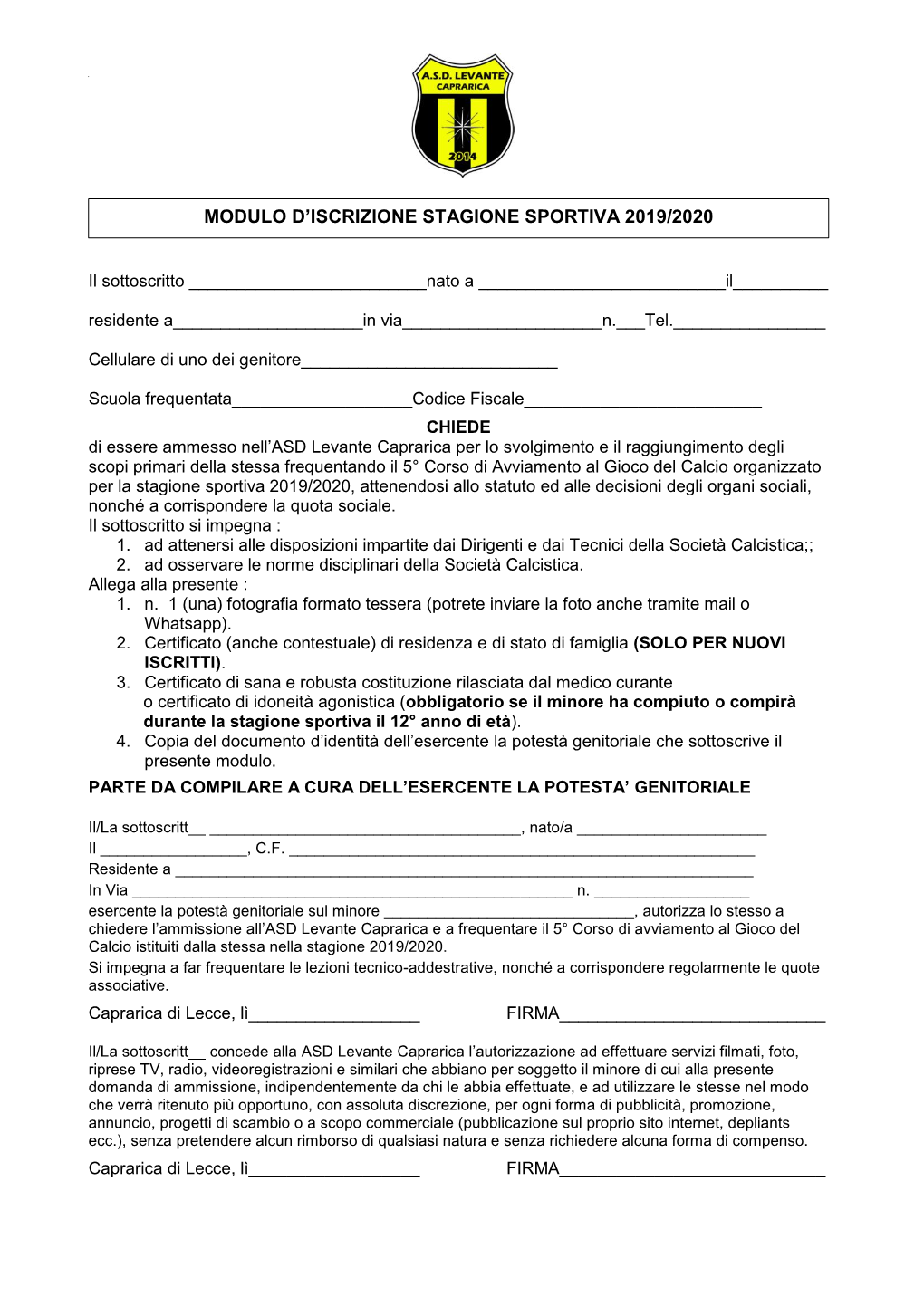 Modulo D'iscrizione Stagione Sportiva 2019/2020