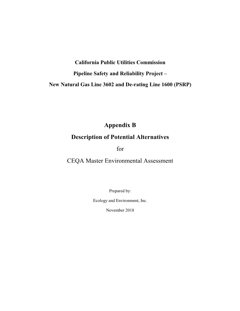 Appendix B Description of Potential Alternatives for CEQA Master