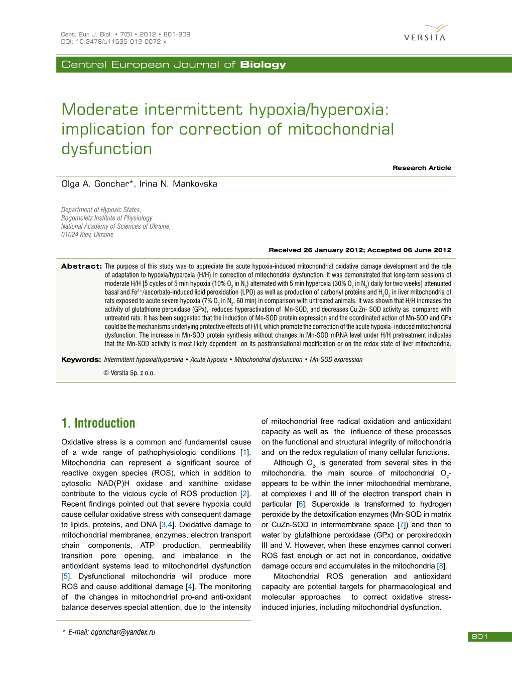 Moderate Intermittent Hypoxia/Hyperoxia: Implication for Correction of Mitochondrial Dysfunction