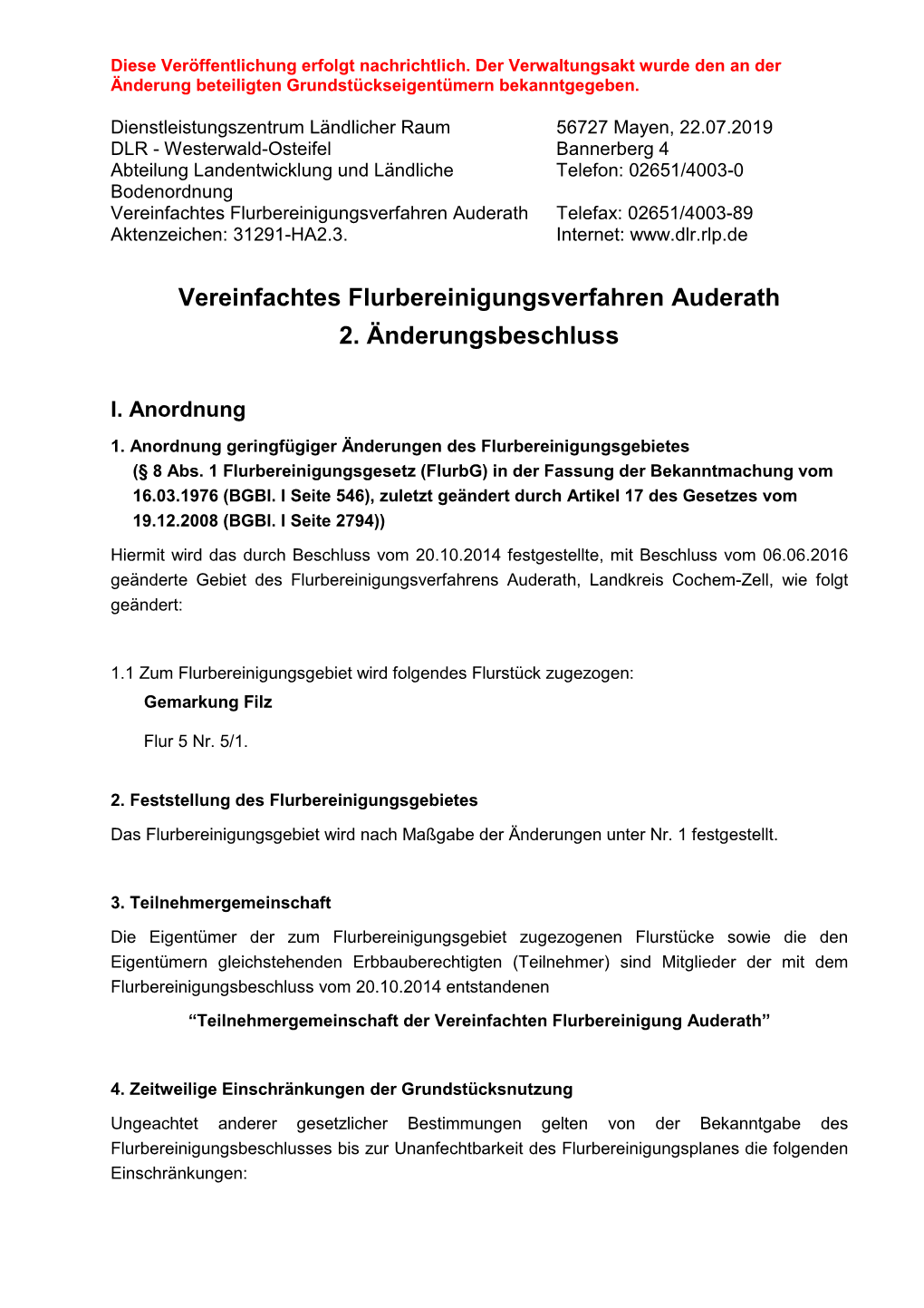 Vereinfachtes Flurbereinigungsverfahren Auderath 2. Änderungsbeschluss