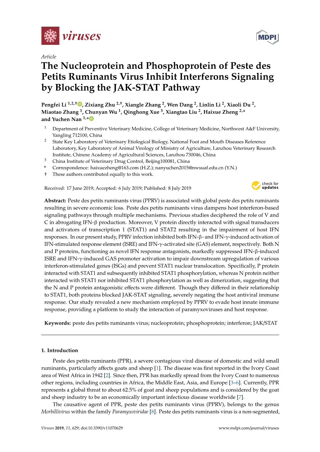 The Nucleoprotein and Phosphoprotein of Peste Des Petits Ruminants Virus Inhibit Interferons Signaling by Blocking the JAK-STAT Pathway