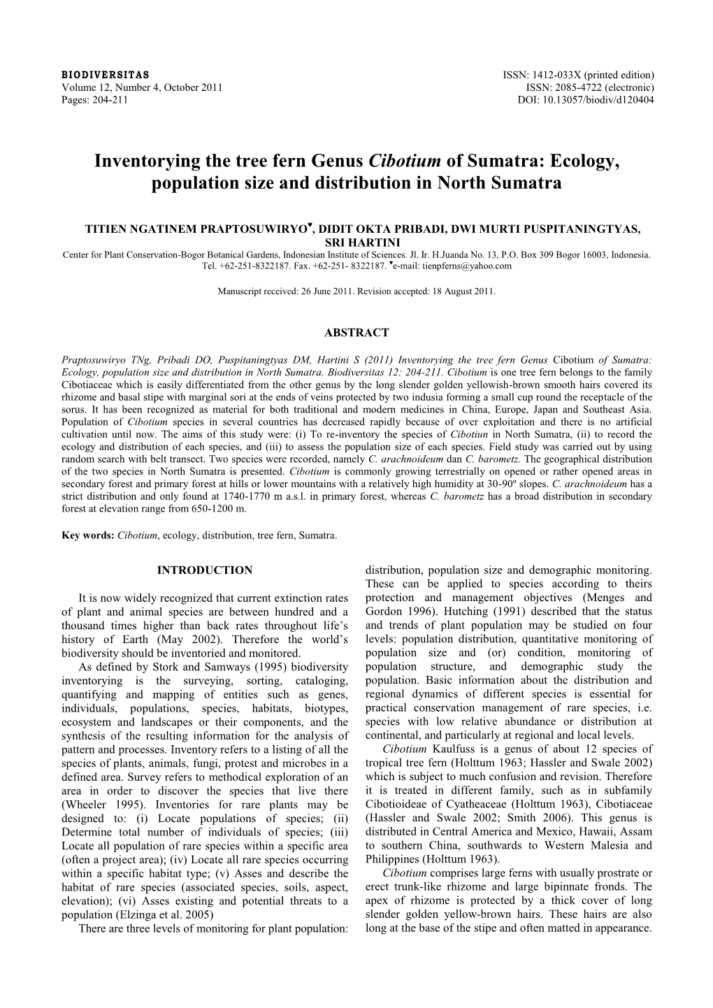 Inventorying the Tree Fern Genus Cibotium of Sumatra: Ecology, Population Size and Distribution in North Sumatra