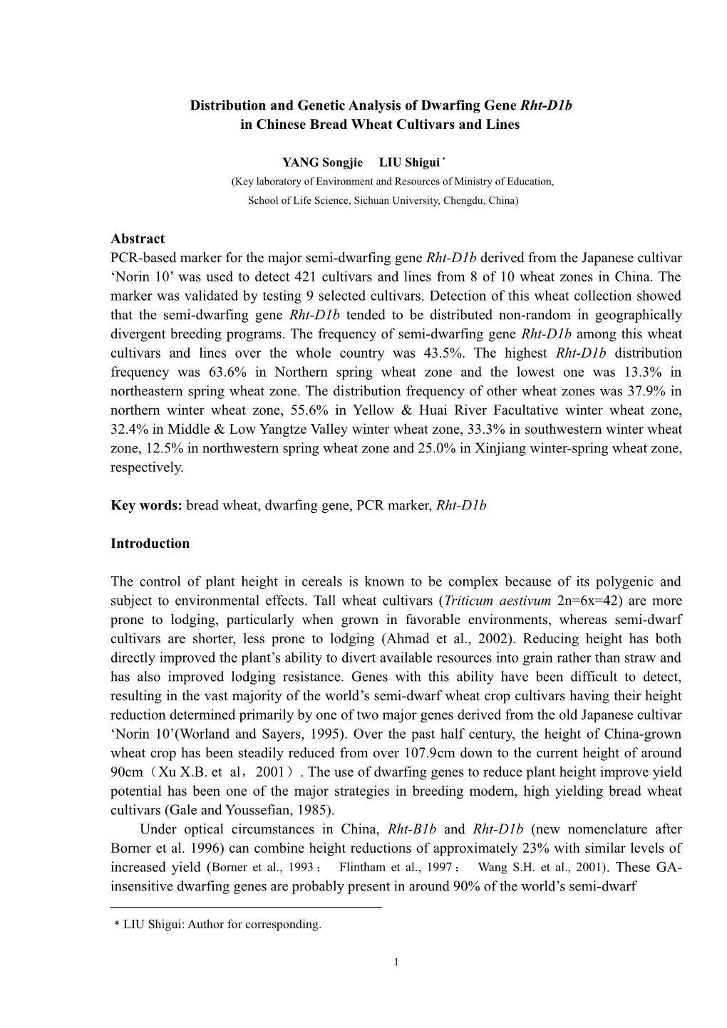 Ditribution of Rht-D1b and Rht8 Dwarfing Genes in Chinese Wheat Varieties