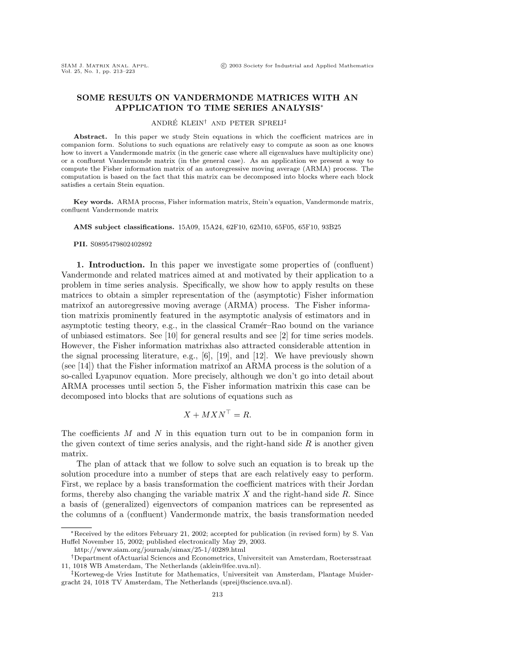 Some Results on Vandermonde Matrices with an Application to Time Series Analysis∗