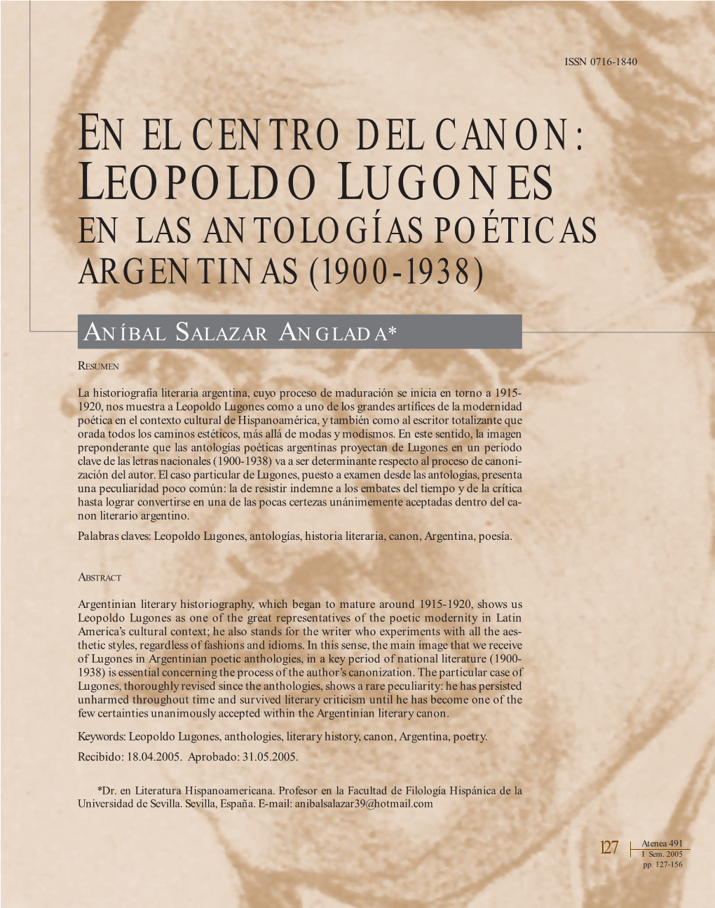 Leopoldo Lugones En Las Antologías Poéticas Argentinas (1900-1938)