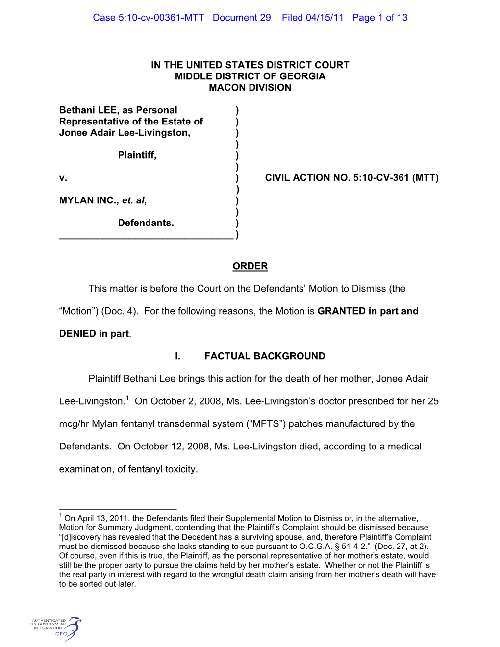 Case 5:10-Cv-00361-MTT Document 29 Filed 04/15/11 Page 1 of 13