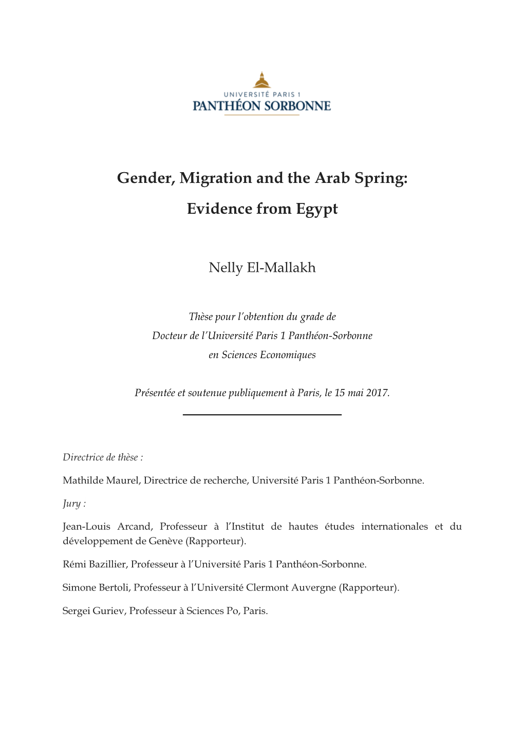 Gender, Migration and the Arab Spring: Evidence from Egypt