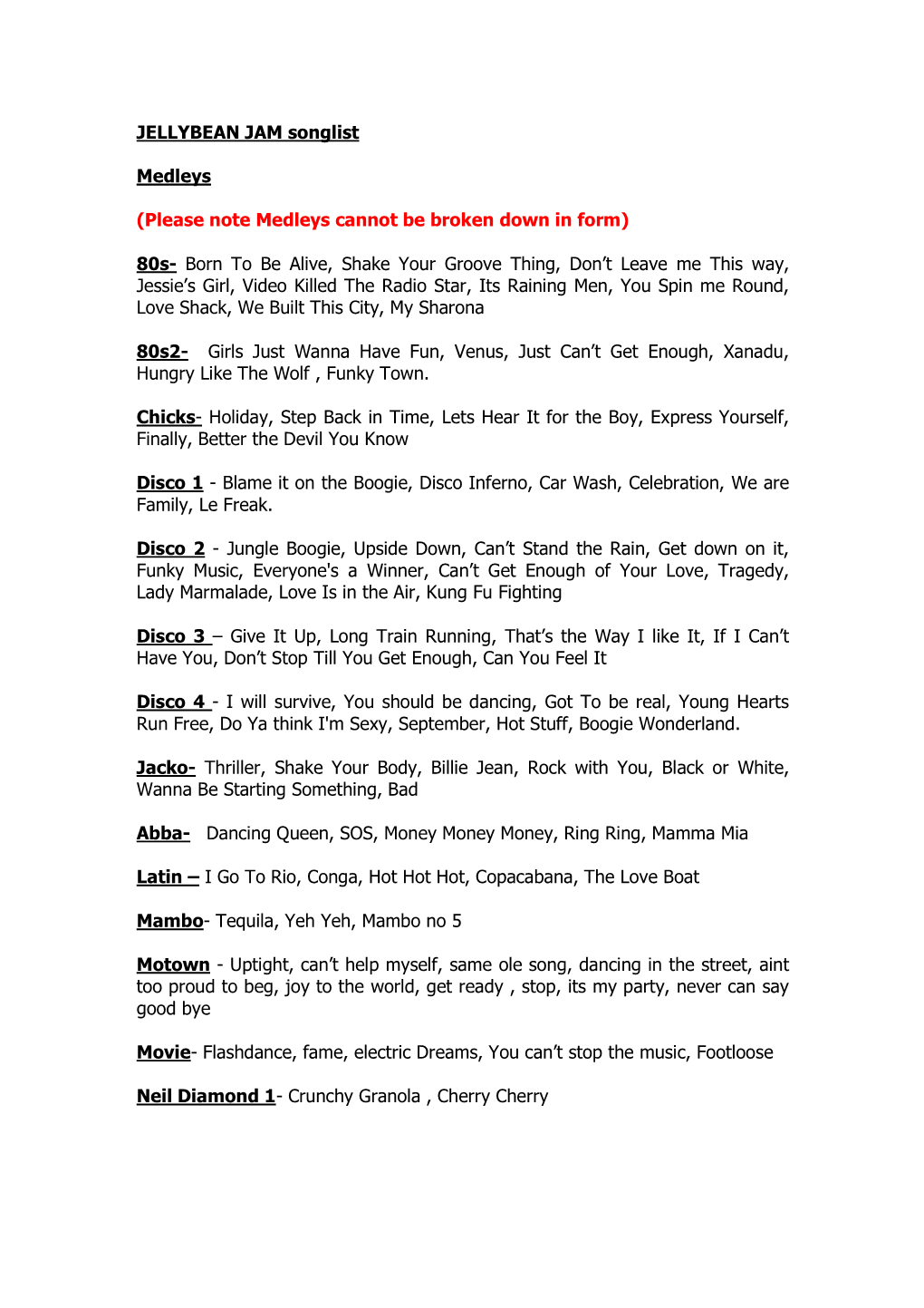 JELLYBEAN JAM Songlist Medleys