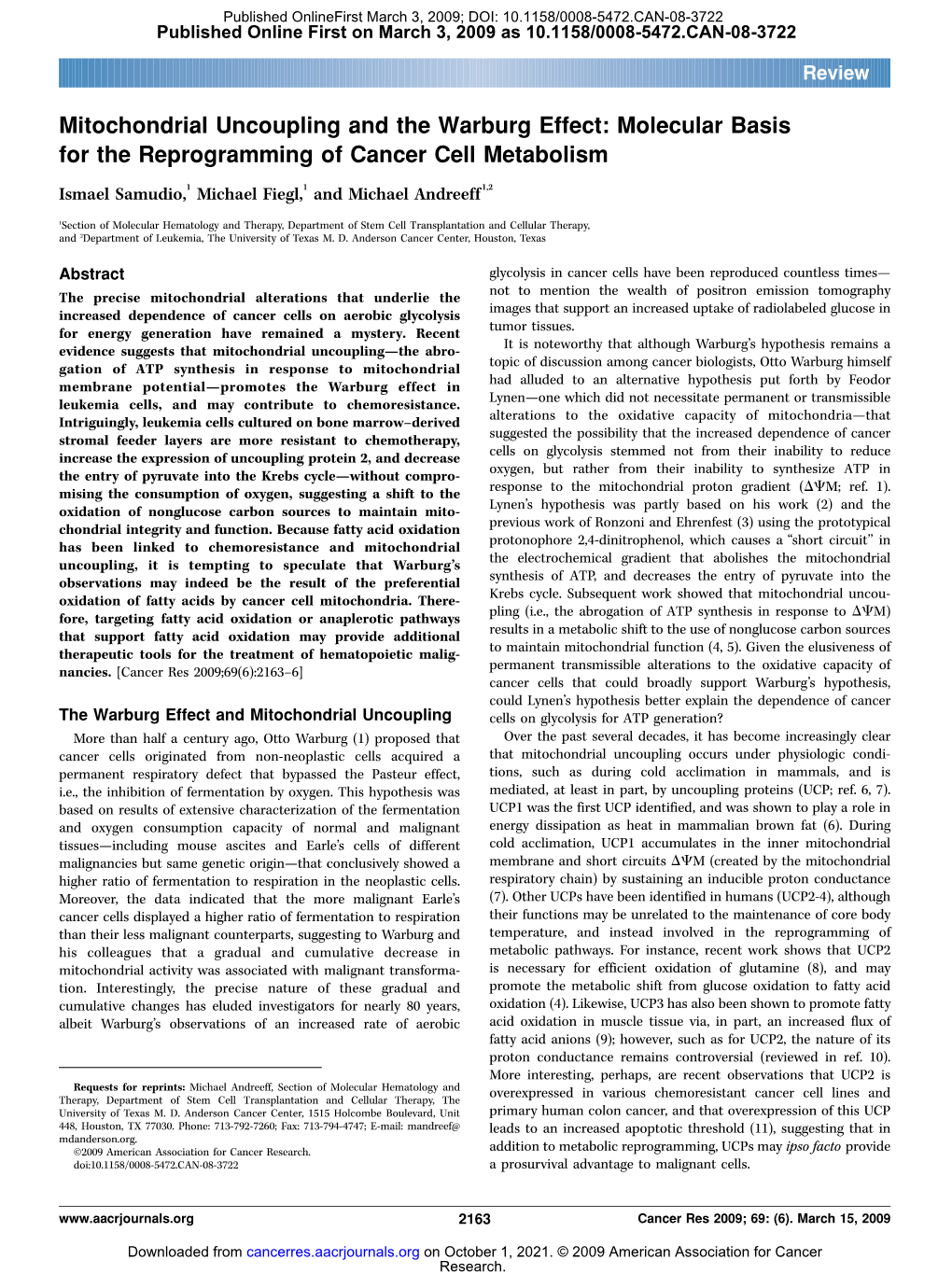 Mitochondrial Uncoupling and the Warburg Effect: Molecular Basis for the Reprogramming of Cancer Cell Metabolism