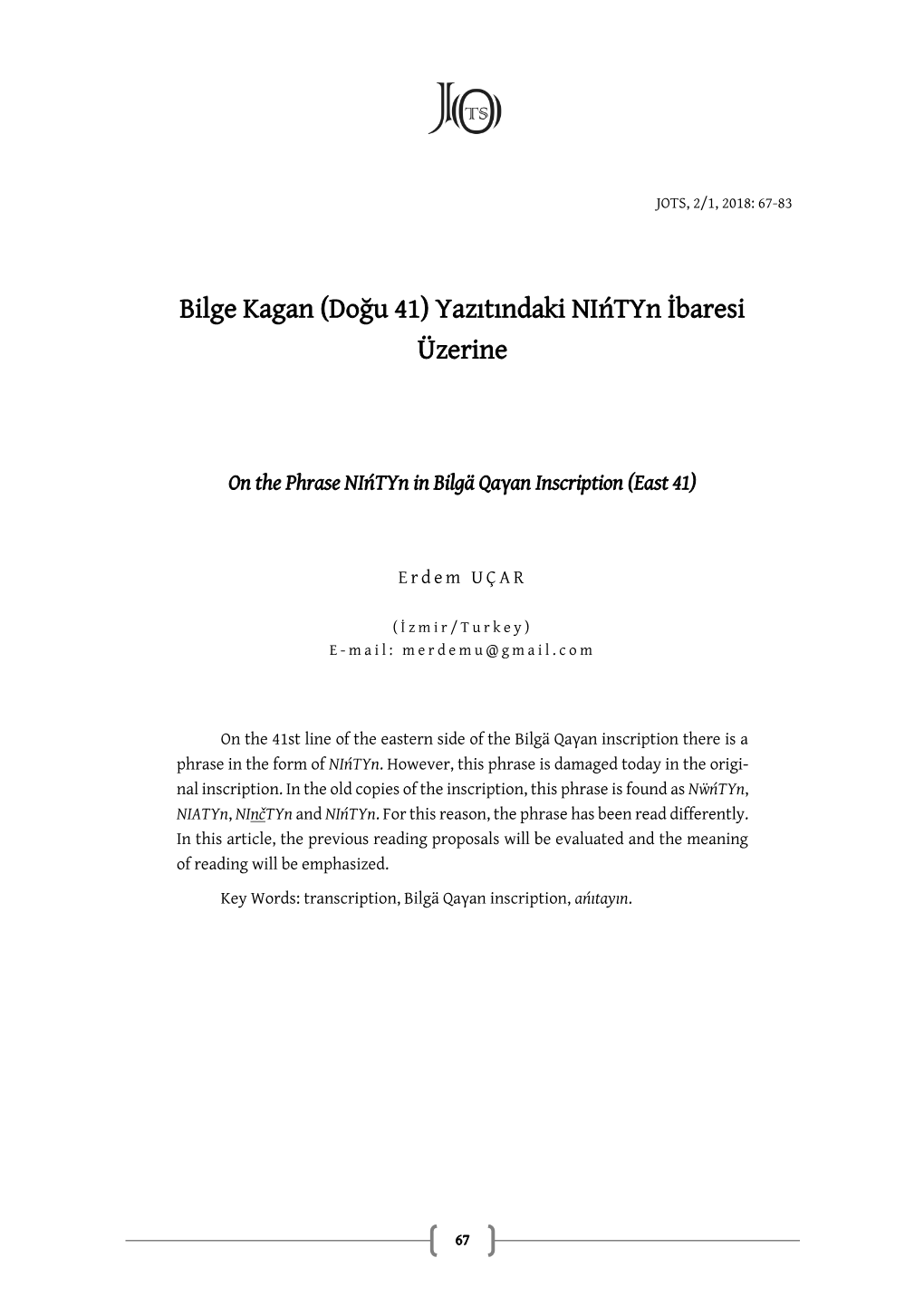 Bilge Kagan (Doğu 41) Yazıtındaki Nińtyn İbaresi Üzerine