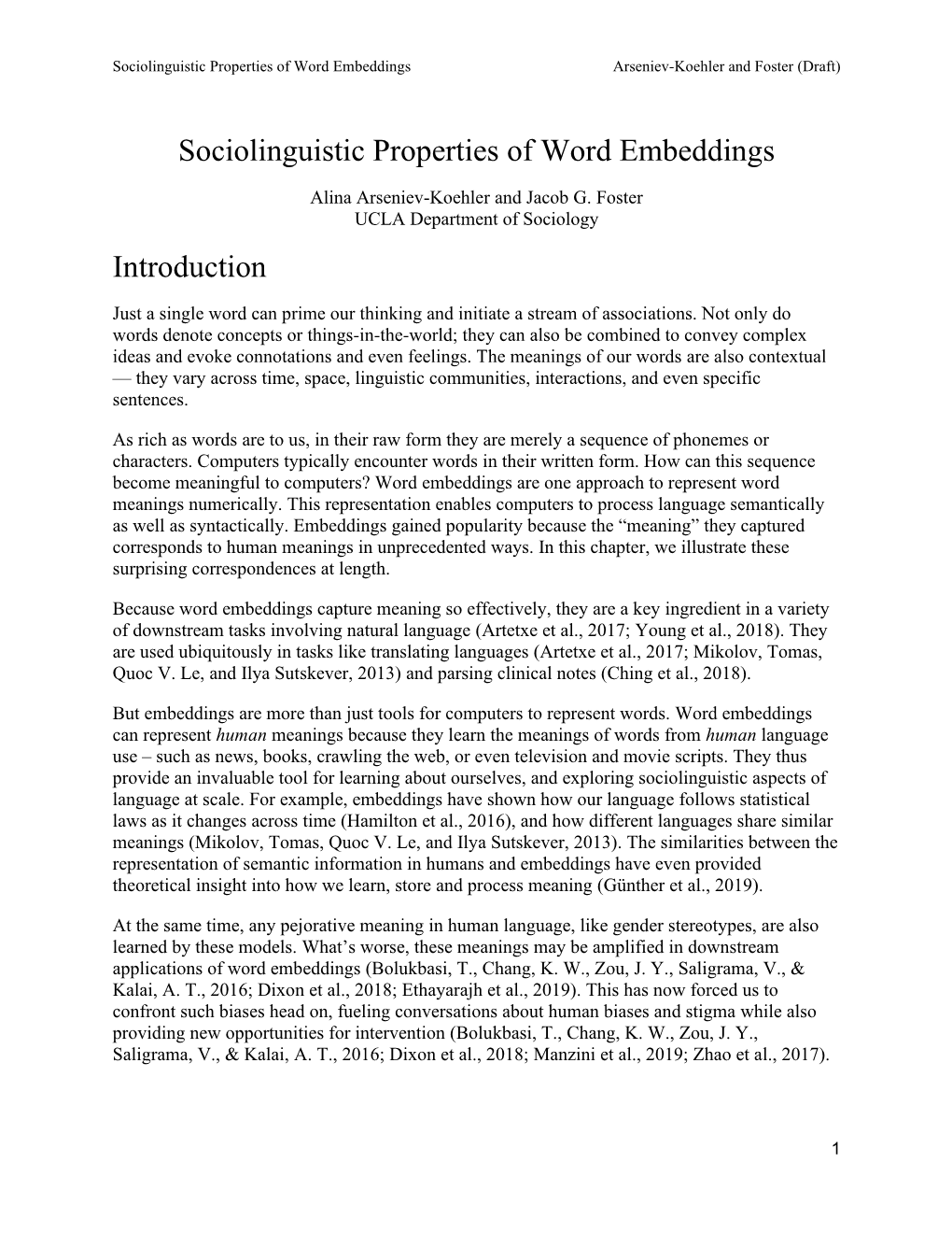 Sociolinguistic Properties of Word Embeddings Introduction