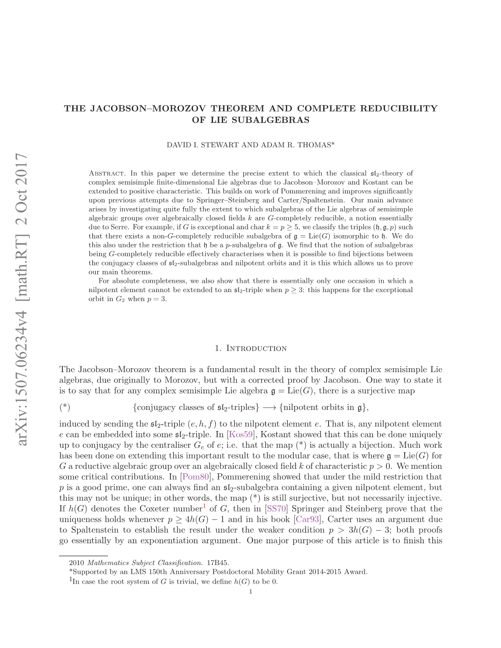 Arxiv:1507.06234V4 [Math.RT] 2 Oct 2017 G a Endn Netnigti Motn Eutt H Modul the to Result Important This Extending on Done Been Has Oeciia Otiuin.I [ in Contributions