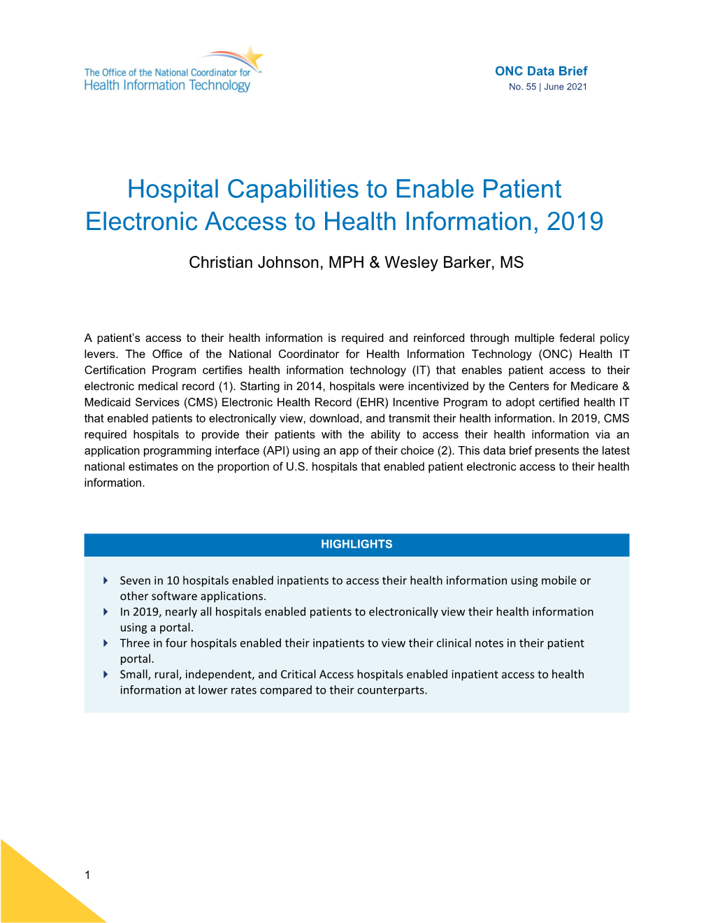 Hospital Capabilities to Enable Patient Electronic Access to Health Information, 2019