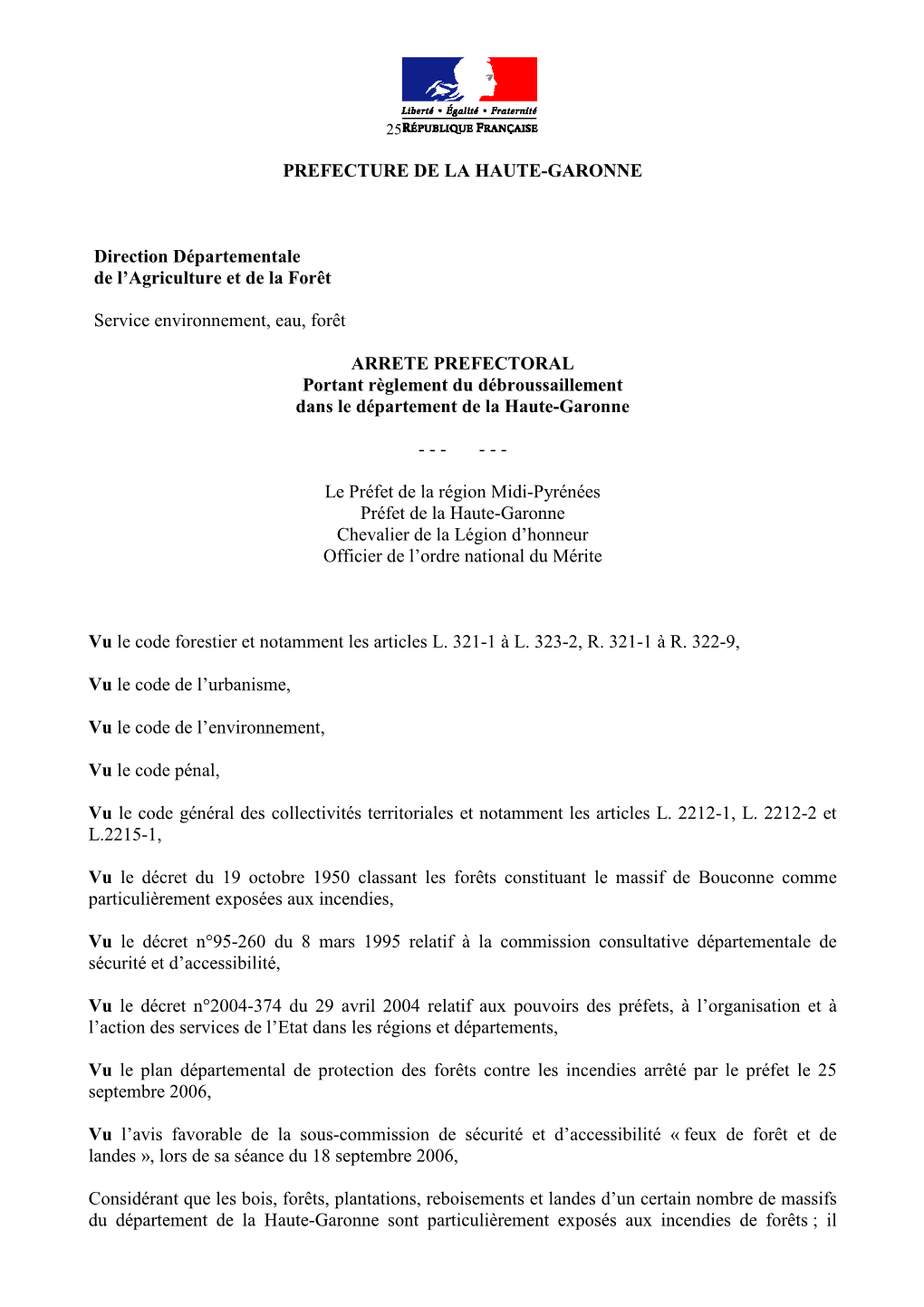 Arrêté Préfectoral Du 25 Septembre 2006 Relatif Au Débroussaillement