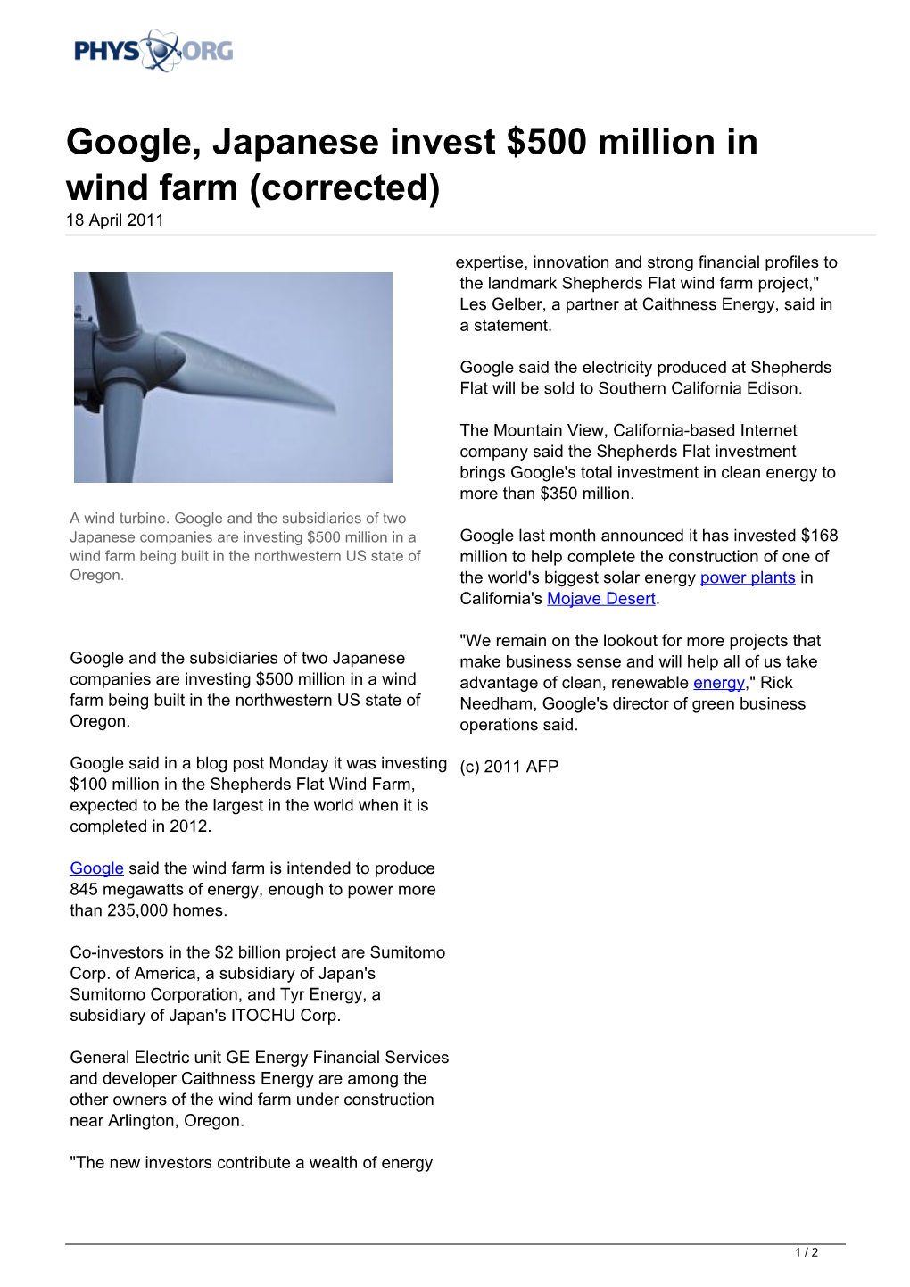 Google, Japanese Invest $500 Million in Wind Farm (Corrected) 18 April 2011