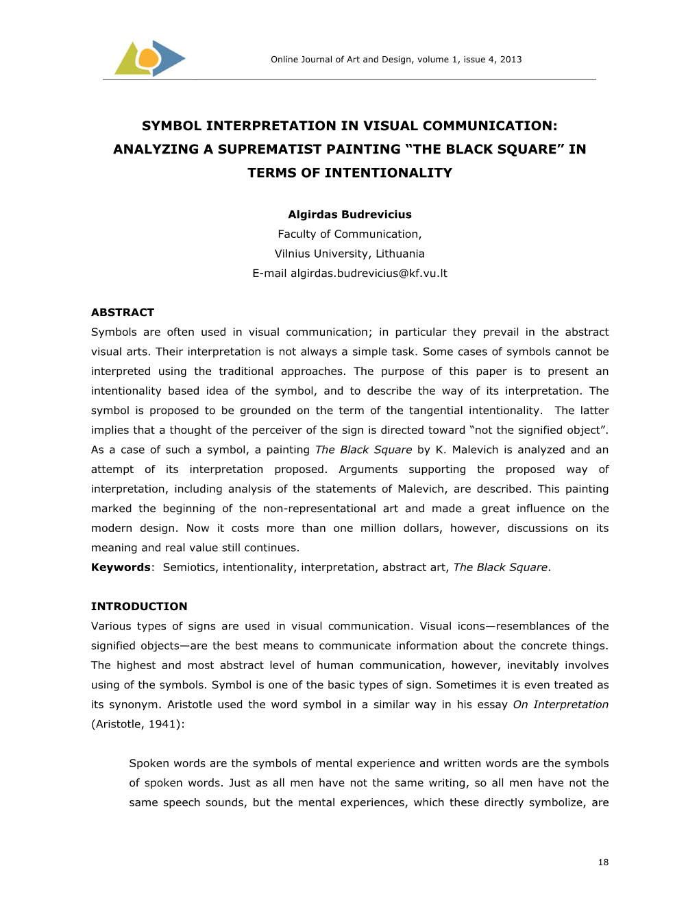 Symbol Interpretation in Visual Communication: Analyzing a Suprematist Painting “The Black Square” in Terms of Intentionality