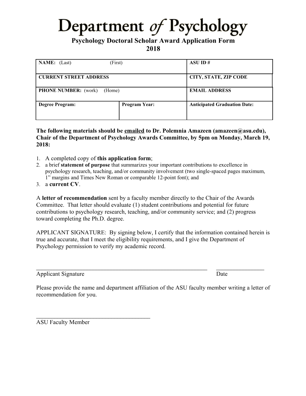 Psychology Doctoral Scholar Award Application Form