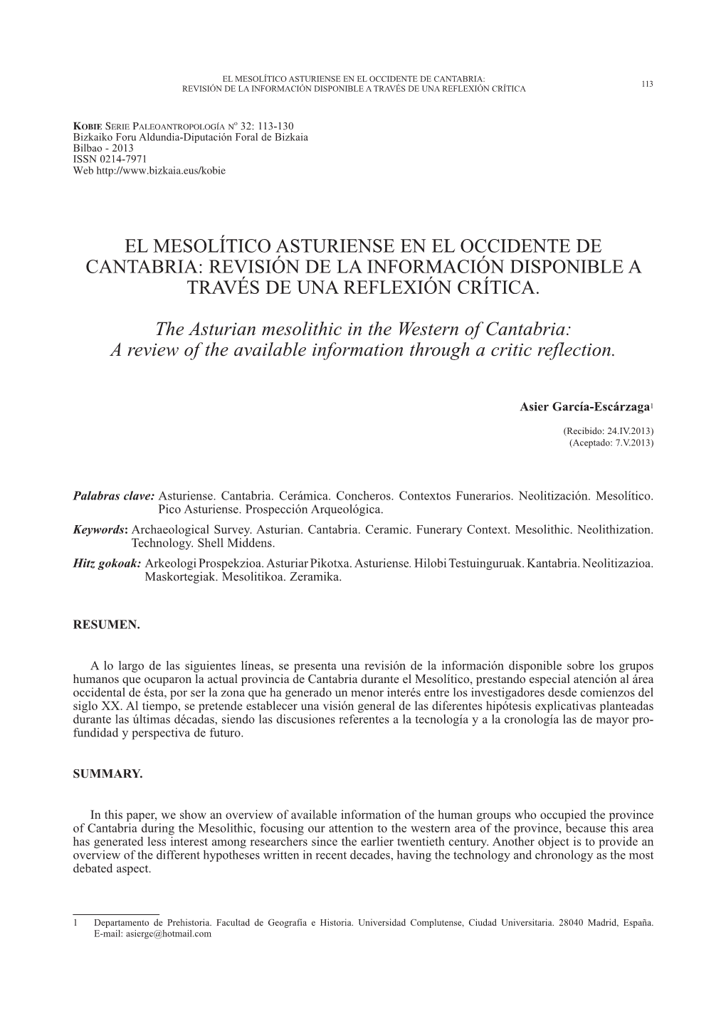 El Mesolítico Asturiense En El Occidente De Cantabria: 113 Revisión De La Información Disponible a Través De Una Reflexión Crítica